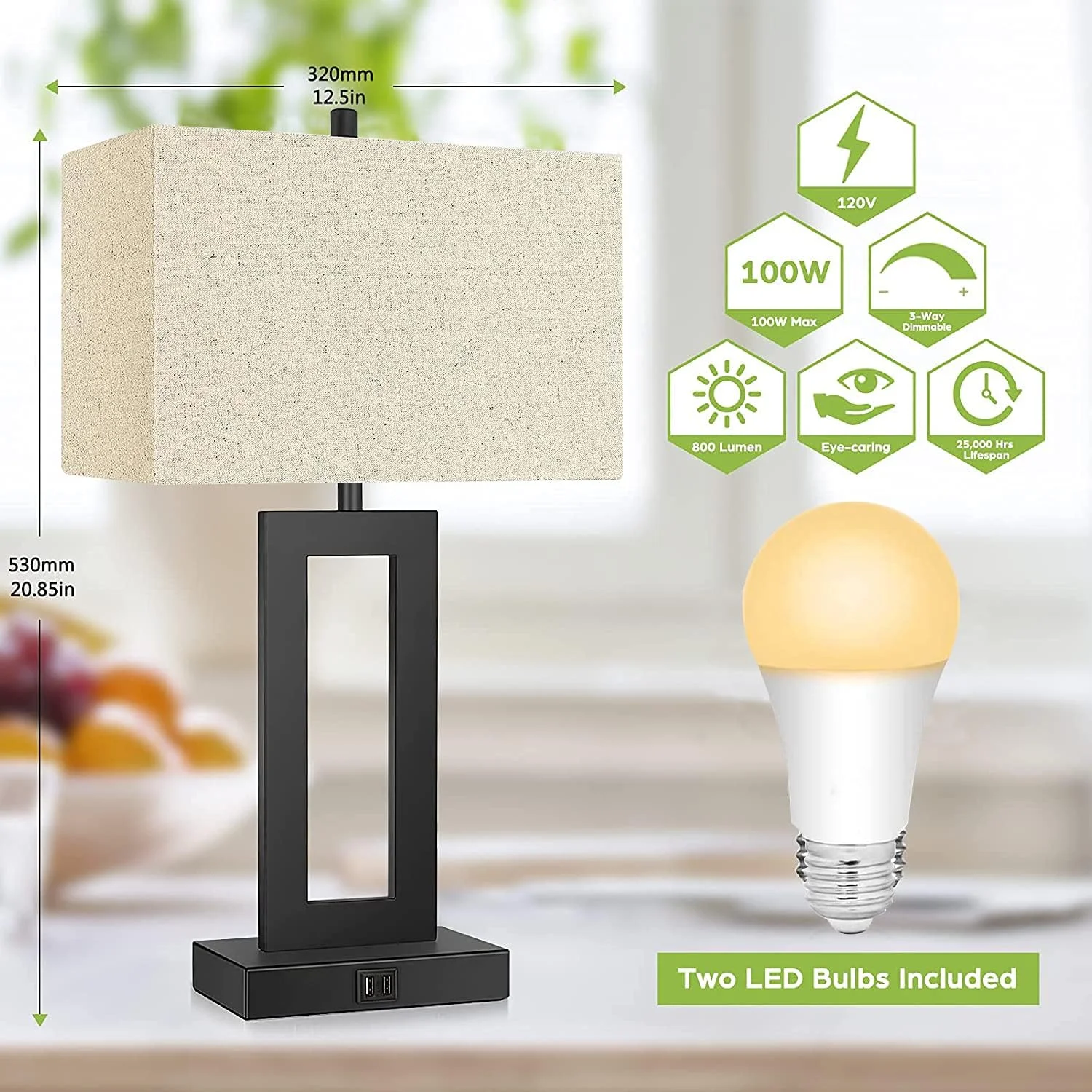 ست 2 عددی چراغ رومیزی لمسی با 2 پورت USB، چراغ خواب مدرن با قابلیت تنظیم نور 3 حالته، چراغ مطالعه کنار تختی با کلاهک پارچه ای کرم رنگ مناسب اتاق خواب، میز، اتاق نشیمن، مطالعه، همراه با لامپ های LED