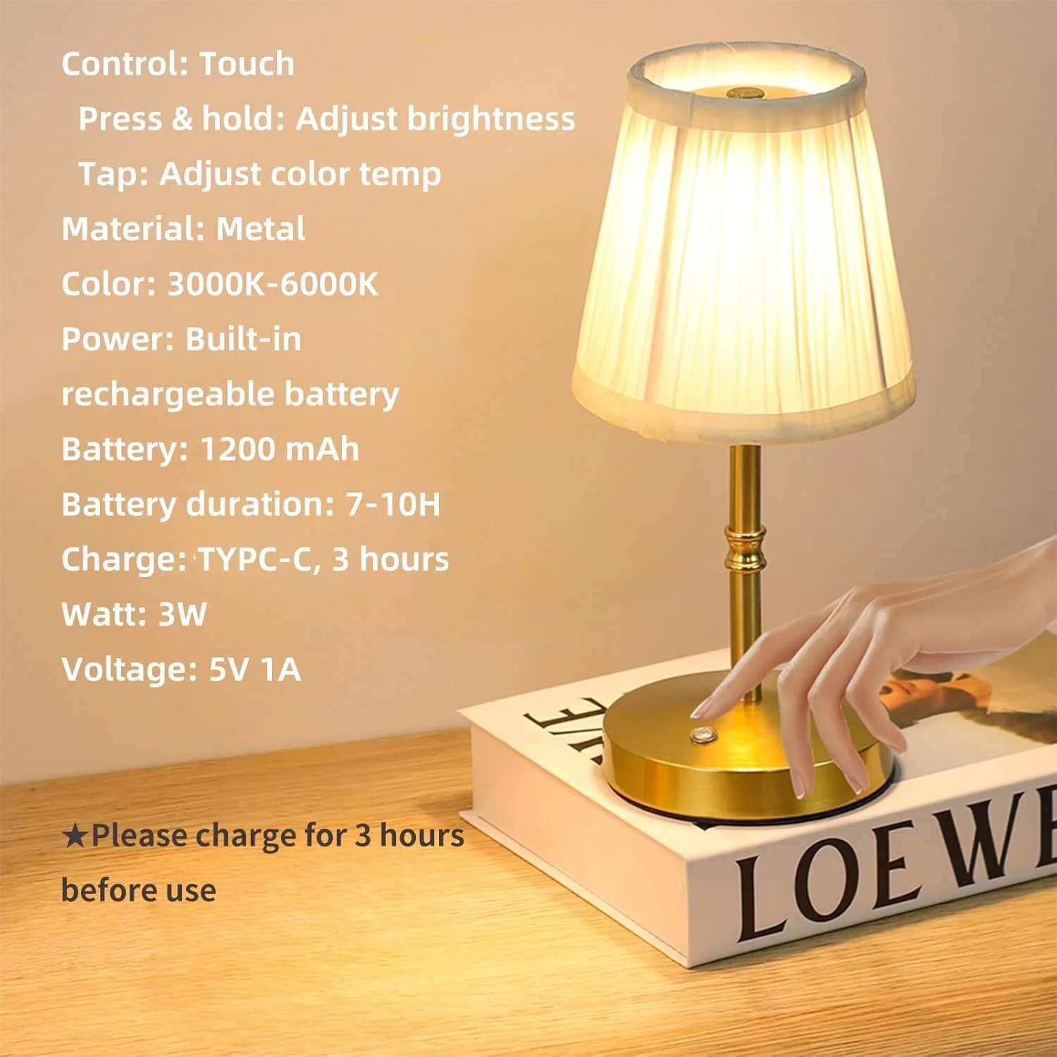 چراغ رومیزی شارژی، چراغ خواب قابل حمل با سایه پارچه ای و قابلیت تنظیم نور، چراغ LED کنار تخت خواب برای اتاق خواب، اتاق نشیمن/غذاخوری، بار، مهمانی، دکور، رستوران (طلایی)