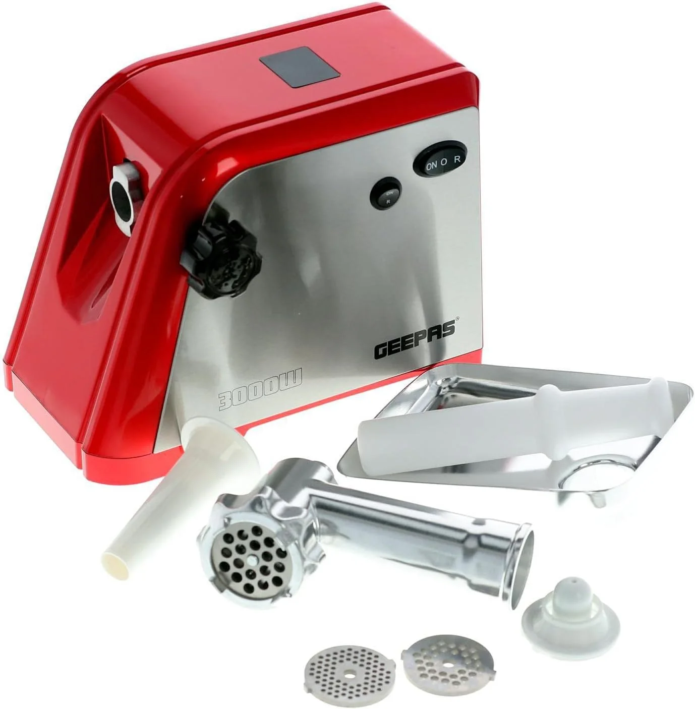 چرخ گوشت برقی جیپاس مدل GMG1910 با توان 1600 وات - عملکرد معکوس، گیربکس آلومینیومی، چرخ دنده های فلزی، 3 صفحه برش استیل ضد زنگ فلزی، لوازم جانبی، چرخ دنده های فلزی، تیغه استیل ضد زنگ