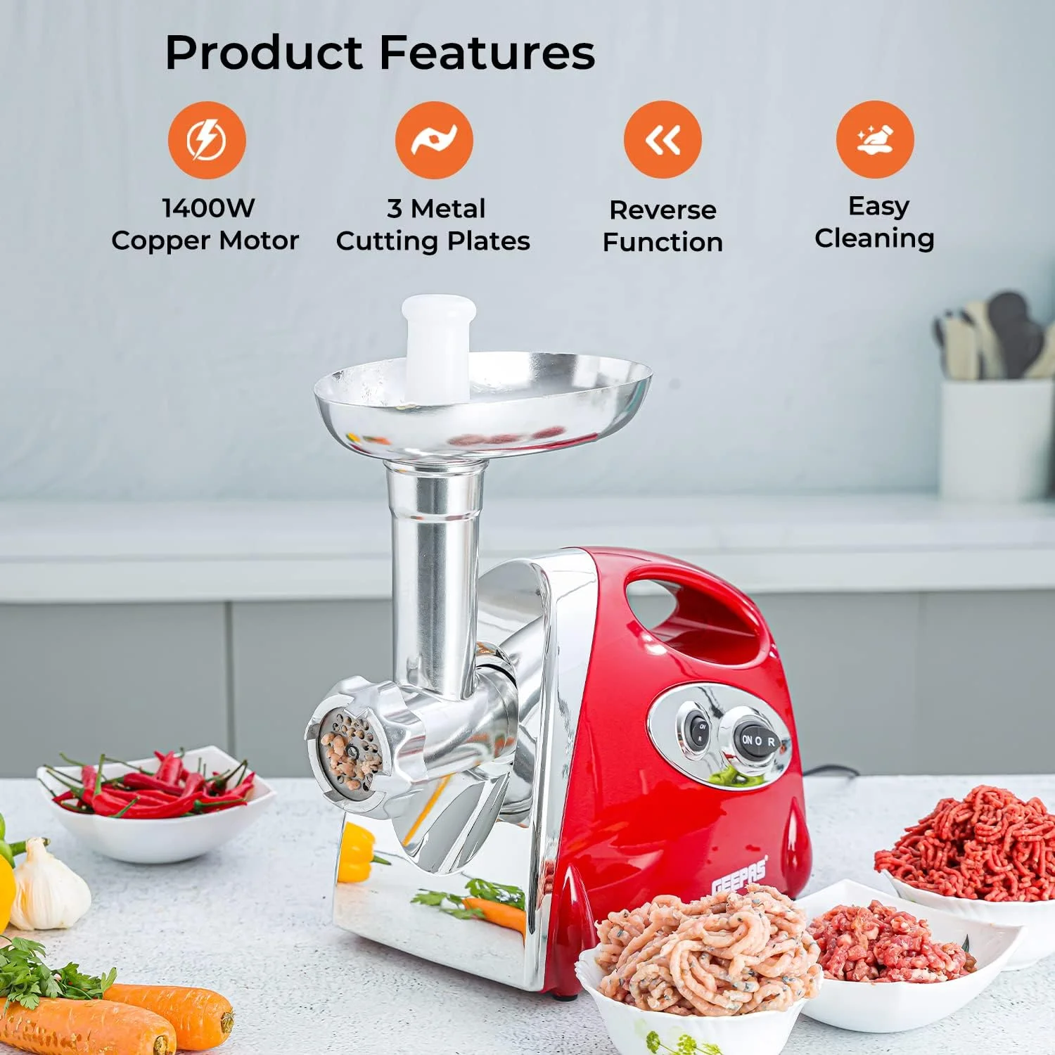 چرخ گوشت برقی Geepas - چرخ گوشت و سوسیس ساز استیل، دستگاه چرخ کردن مواد غذایی با ضمیمه Kibbe - 3 صفحه برش مختلف، عملکرد معکوس، بدنه پلاستیکی چرخ گوشت برقی Geepas - چرخ گوشت و سوسیس ساز استیل، دستگاه چرخ کردن مواد غذایی با ضمیمه Kibbe - 3 صفحه برش مختلف، عملکرد معکوس، بدنه پلاستیکی