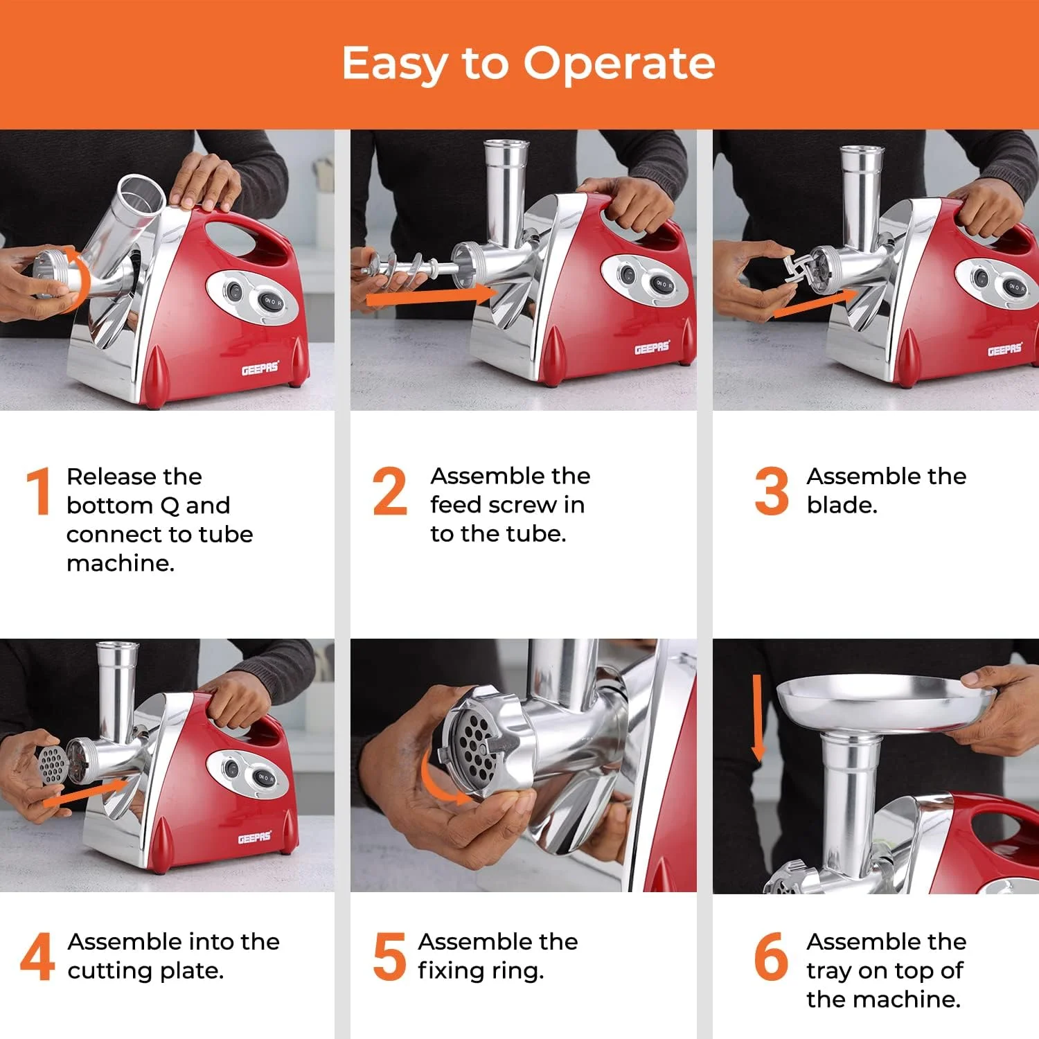 چرخ گوشت برقی Geepas - چرخ گوشت و سوسیس ساز استیل، دستگاه چرخ کردن مواد غذایی با ضمیمه Kibbe - 3 صفحه برش مختلف، عملکرد معکوس، بدنه پلاستیکی چرخ گوشت برقی Geepas - چرخ گوشت و سوسیس ساز استیل، دستگاه چرخ کردن مواد غذایی با ضمیمه Kibbe - 3 صفحه برش مختلف، عملکرد معکوس، بدنه پلاستیکی