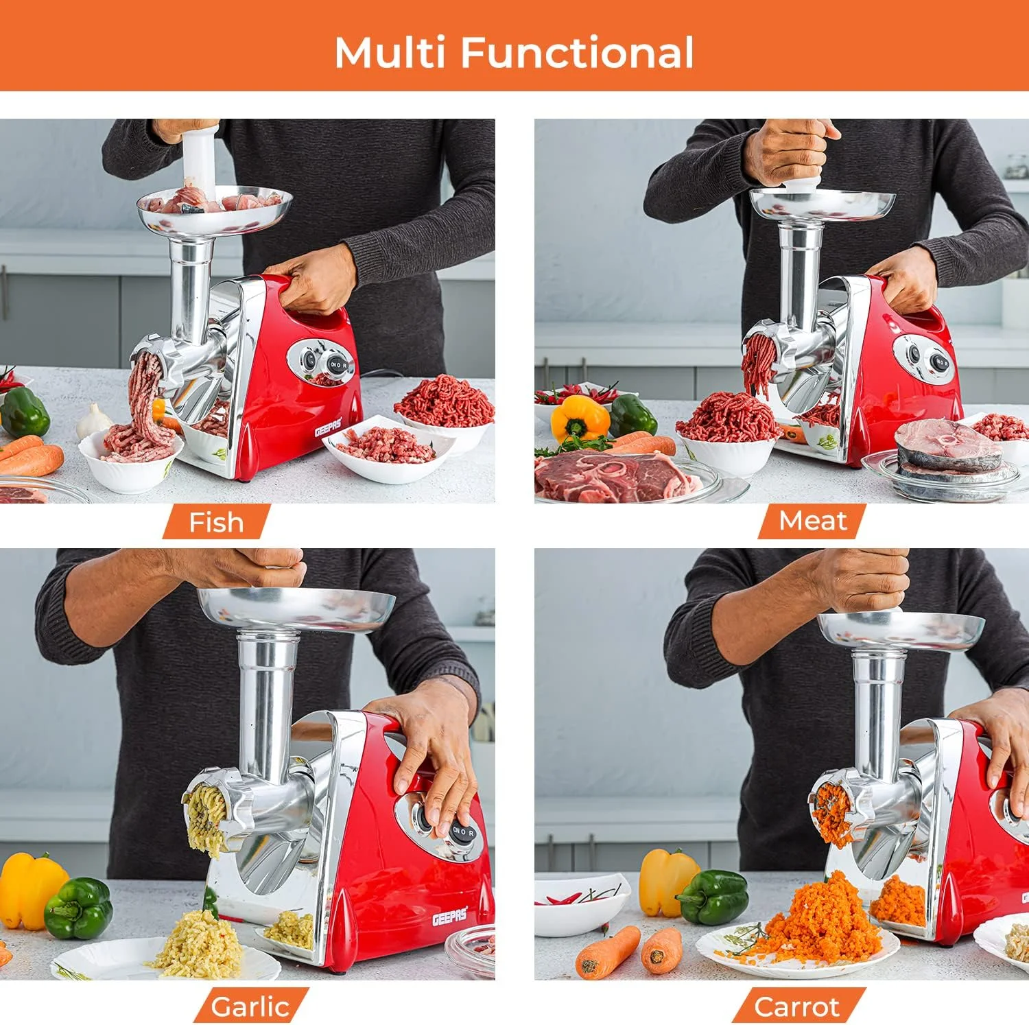 چرخ گوشت برقی Geepas - چرخ گوشت و سوسیس ساز استیل، دستگاه چرخ کردن مواد غذایی با ضمیمه Kibbe - 3 صفحه برش مختلف، عملکرد معکوس، بدنه پلاستیکی چرخ گوشت برقی Geepas - چرخ گوشت و سوسیس ساز استیل، دستگاه چرخ کردن مواد غذایی با ضمیمه Kibbe - 3 صفحه برش مختلف، عملکرد معکوس، بدنه پلاستیکی