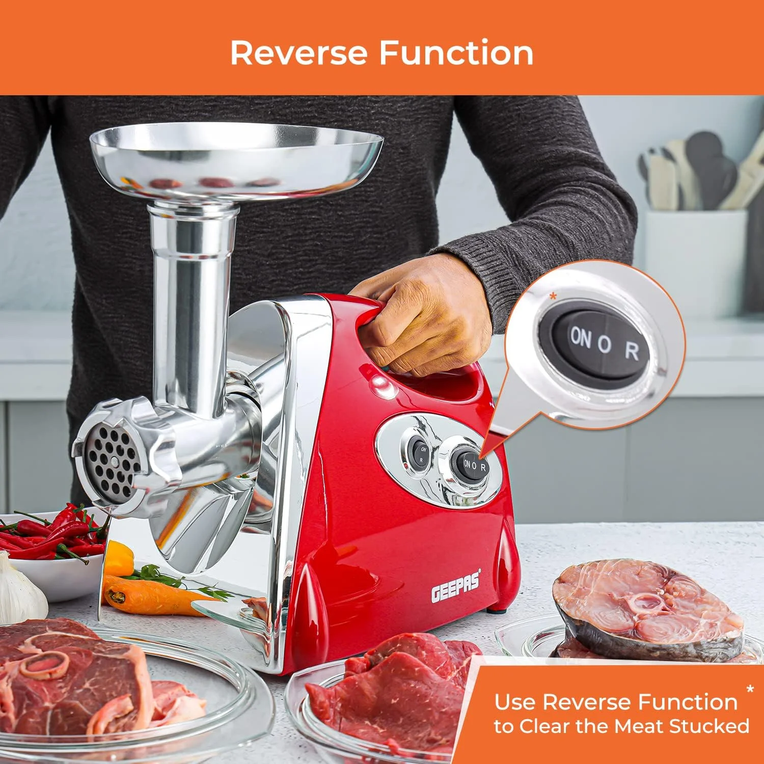 چرخ گوشت برقی Geepas - چرخ گوشت و سوسیس ساز استیل، دستگاه چرخ کردن مواد غذایی با ضمیمه Kibbe - 3 صفحه برش مختلف، عملکرد معکوس، بدنه پلاستیکی چرخ گوشت برقی Geepas - چرخ گوشت و سوسیس ساز استیل، دستگاه چرخ کردن مواد غذایی با ضمیمه Kibbe - 3 صفحه برش مختلف، عملکرد معکوس، بدنه پلاستیکی