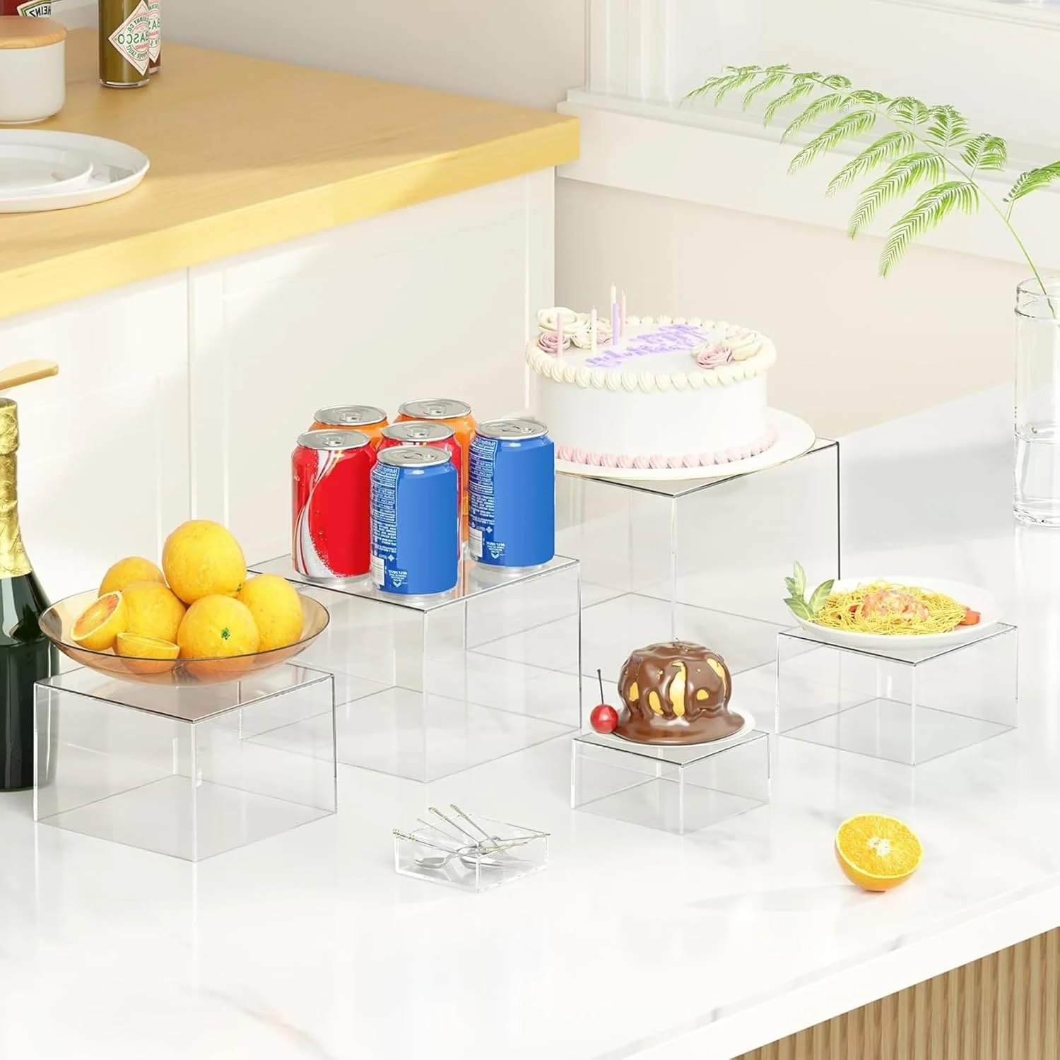 ۶ عدد جعبه آکریلیک برای نمایش، پایه و استند غذا، قفسه استند میز نمایش با زیره توخالی برای مهمانی، پذیرایی، دسر، جواهرات، کلکسیون ها، شفاف