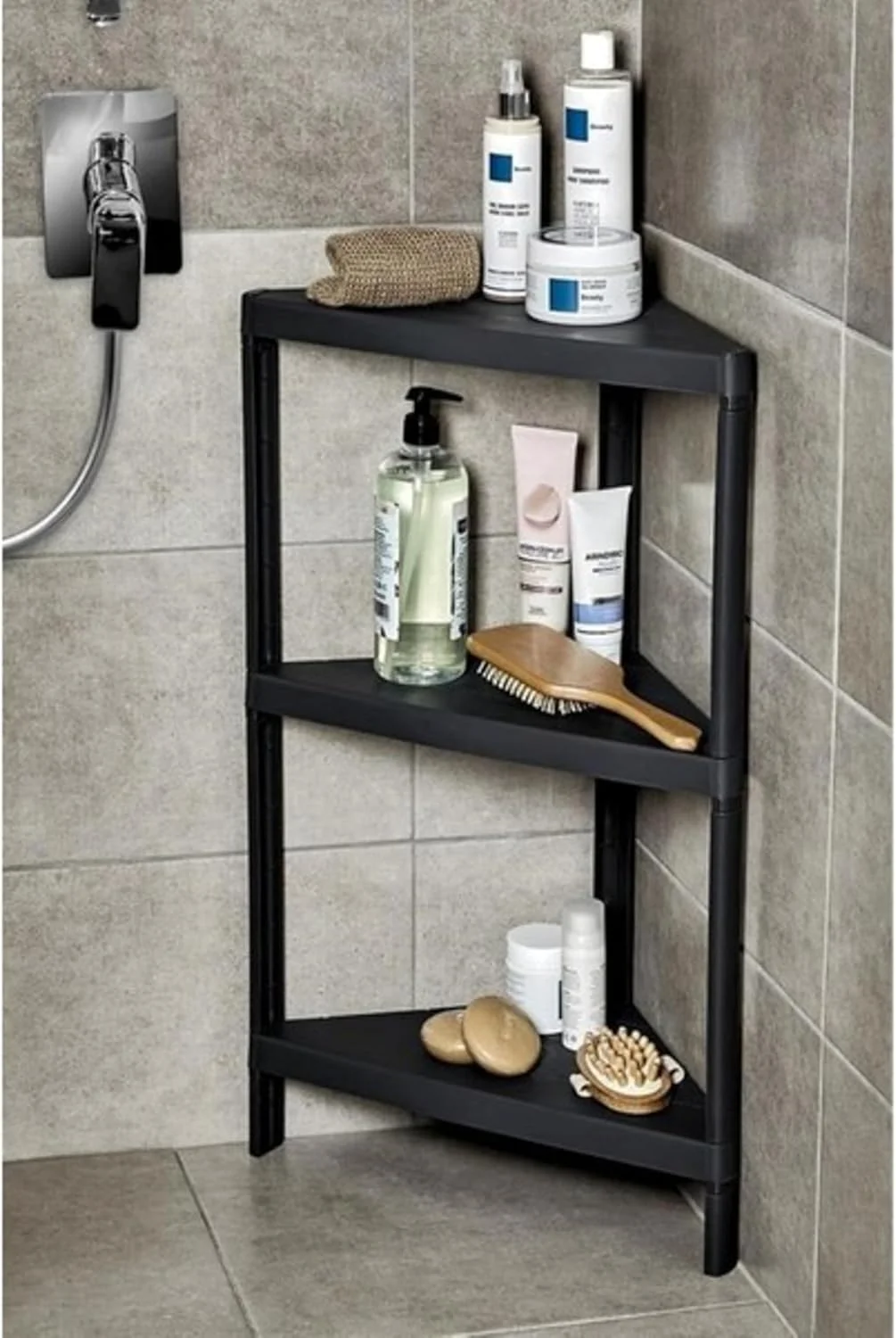 قفسه سه طبقه گوشه ای - سازمان دهنده لوازم حمام با پایه های قابل تنظیم - استند پلاستیکی برای اتاق نشیمن، اتاق خواب، مشکی قفسه سه طبقه گوشه ای - سازمان دهنده لوازم حمام با پایه های قابل تنظیم - استند پلاستیکی برای اتاق نشیمن، اتاق خواب، مشکی