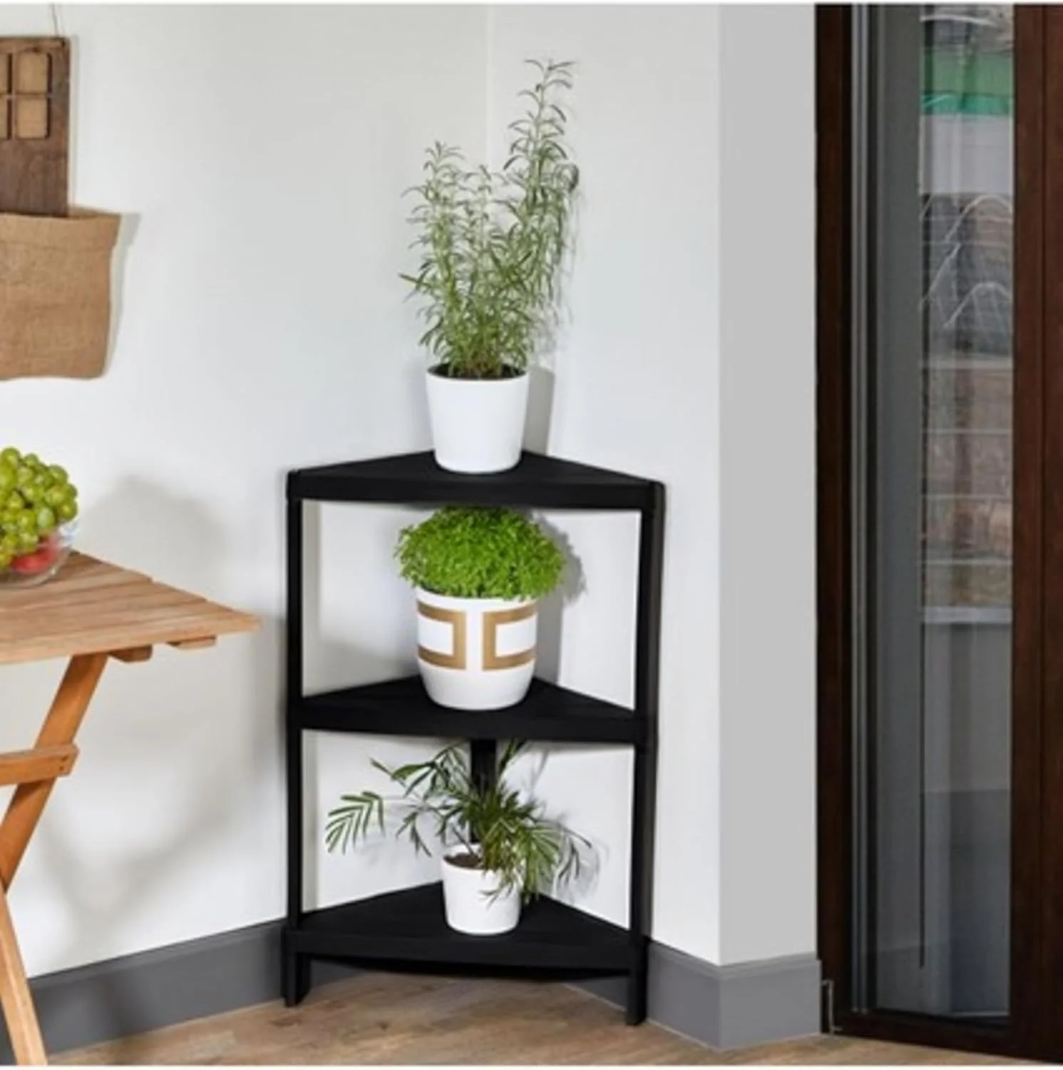 قفسه سه طبقه گوشه ای - سازمان دهنده لوازم حمام با پایه های قابل تنظیم - استند پلاستیکی برای اتاق نشیمن، اتاق خواب، مشکی