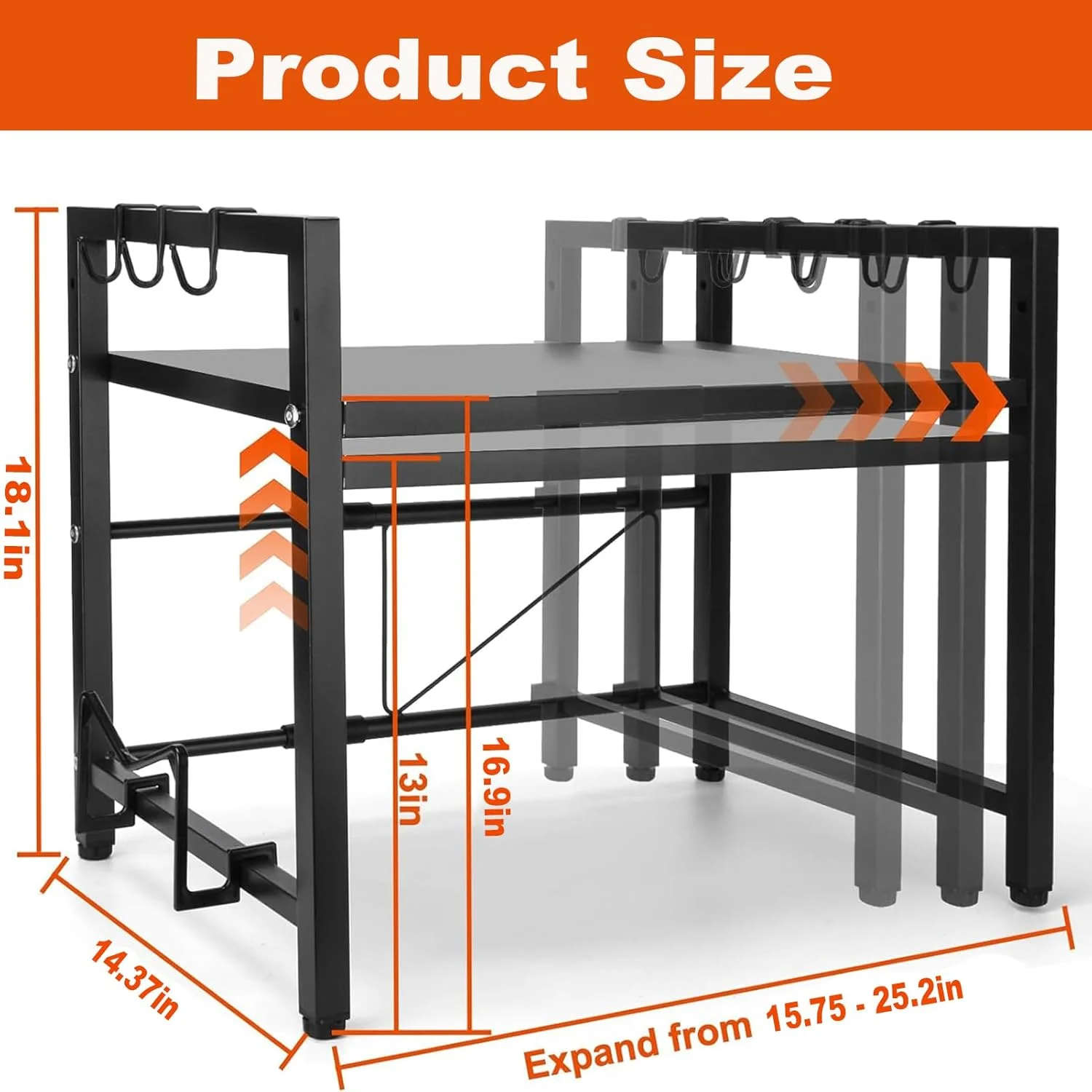 قفسه مایکروویو قابل گسترش ANTOLE، قفسه قابل تنظیم مایکروویو با 6 قلاب، قفسه/نگهدارنده نان تست، سازمان دهنده روی میز آشپزخانه، پایه مایکروویو برای روی کابینت آشپزخانه (1 طبقه)
