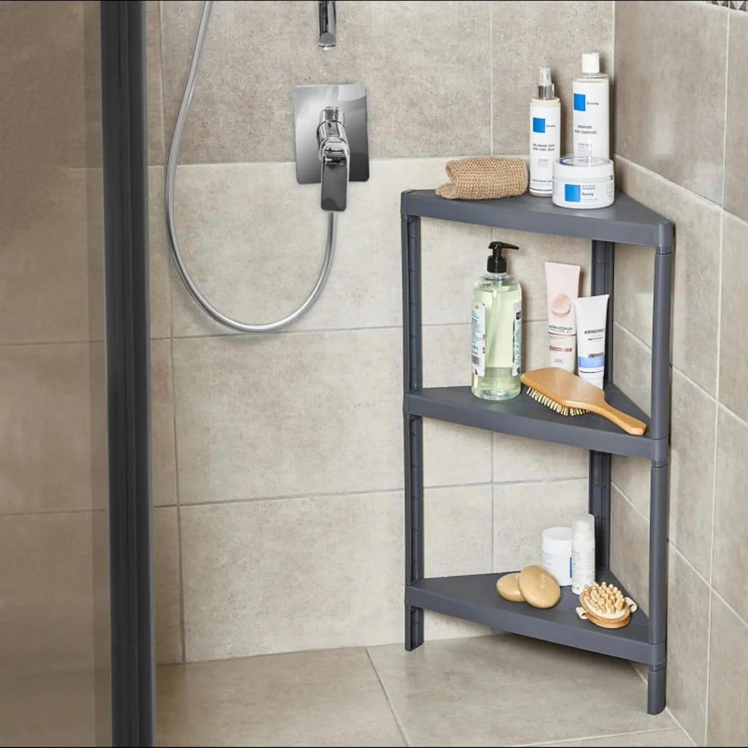 قفسه سه طبقه گوشه ای - سازمان دهنده لوازم حمام با پایه های قابل تنظیم - استند پلاستیکی برای اتاق نشیمن، اتاق خواب، مشکی