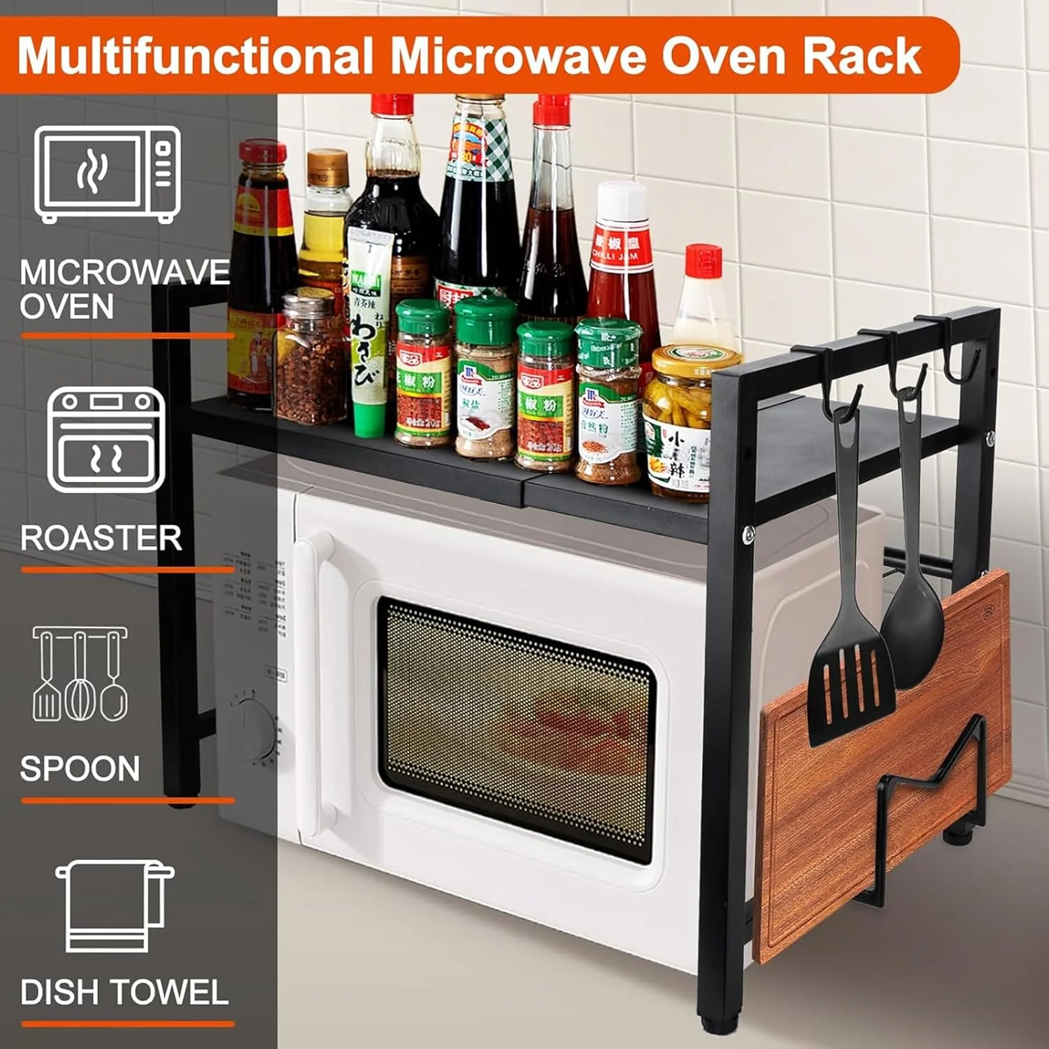 قفسه مایکروویو قابل گسترش ANTOLE، قفسه قابل تنظیم مایکروویو با 6 قلاب، قفسه/نگهدارنده نان تست، سازمان دهنده روی میز آشپزخانه، پایه مایکروویو برای روی کابینت آشپزخانه (1 طبقه)