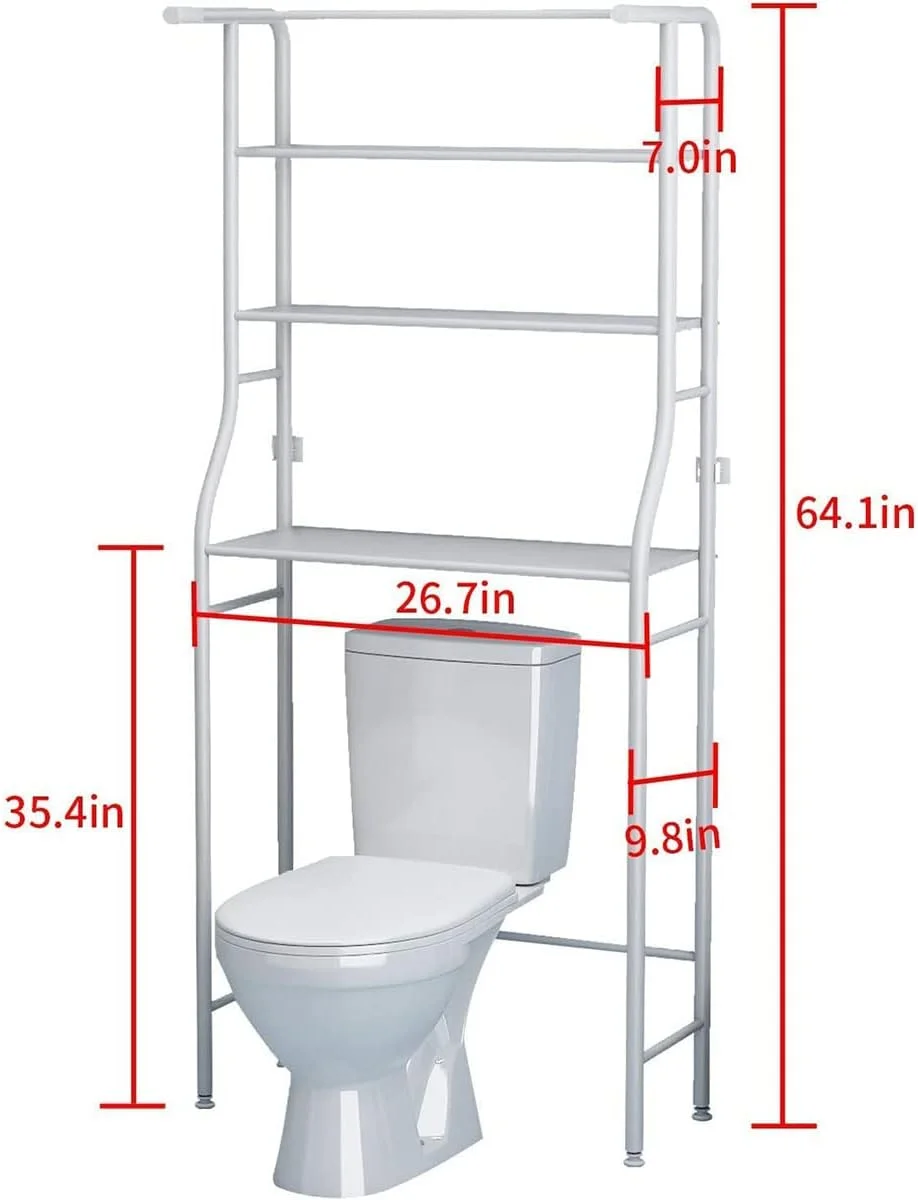ALMEKAQUZ قفسه صرفه جویی در فضای حمام، 3 طبقه بالای قفسه توالت، لوازم جانبی سازمان دهنده گوشه حمام، ماشین لباسشویی، با میله آویز، قفسه حوله حمام، سفید (قفسه حمام)