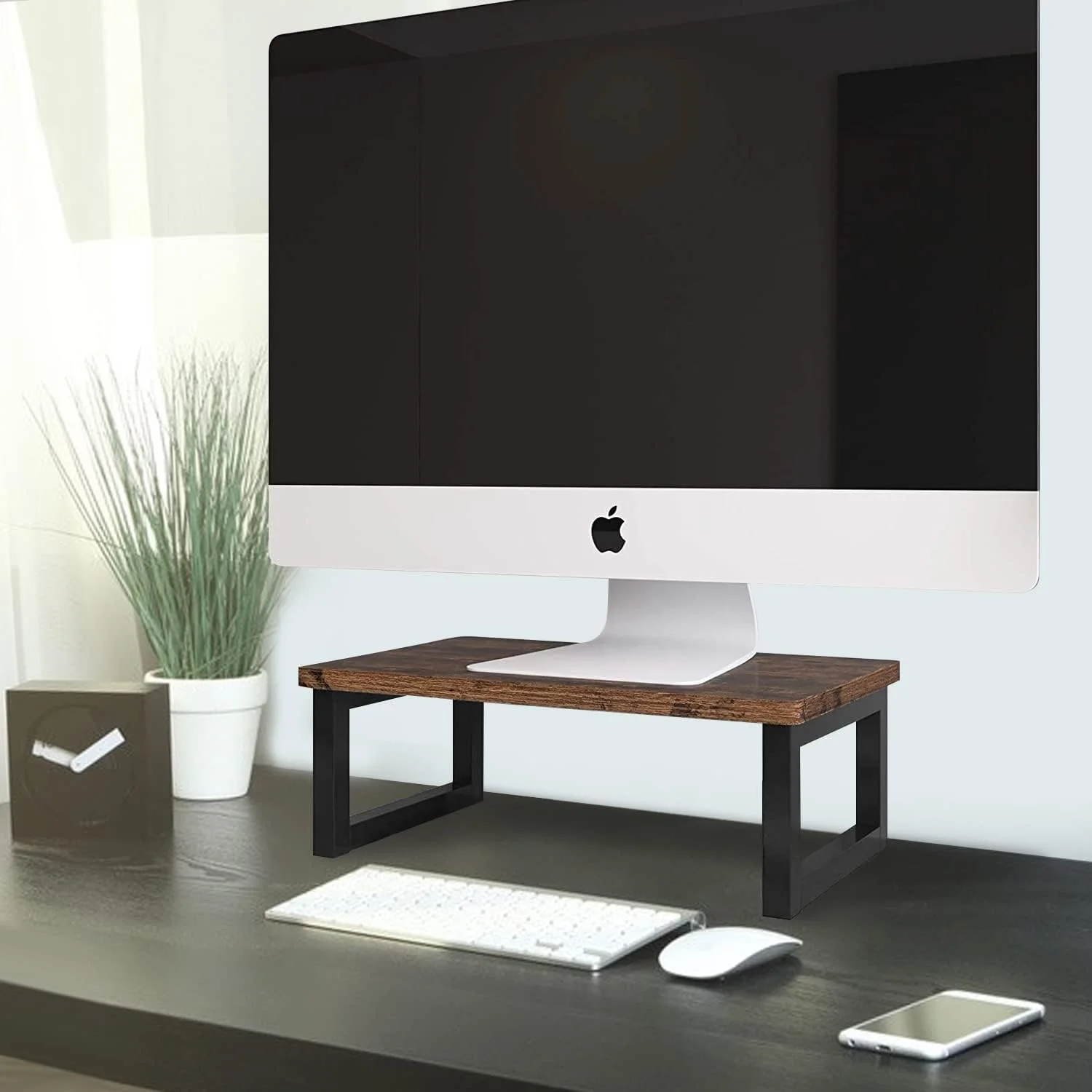 پایه نگهدارنده مانیتور چوبی آنجو، پایه رومیزی برای صفحه نمایش کامپیوتر و لپ تاپ، قفسه سازمان دهنده رومیزی برای خانه یا محل کار، 40x23x14 سانتی متر، قهوه ای تیره