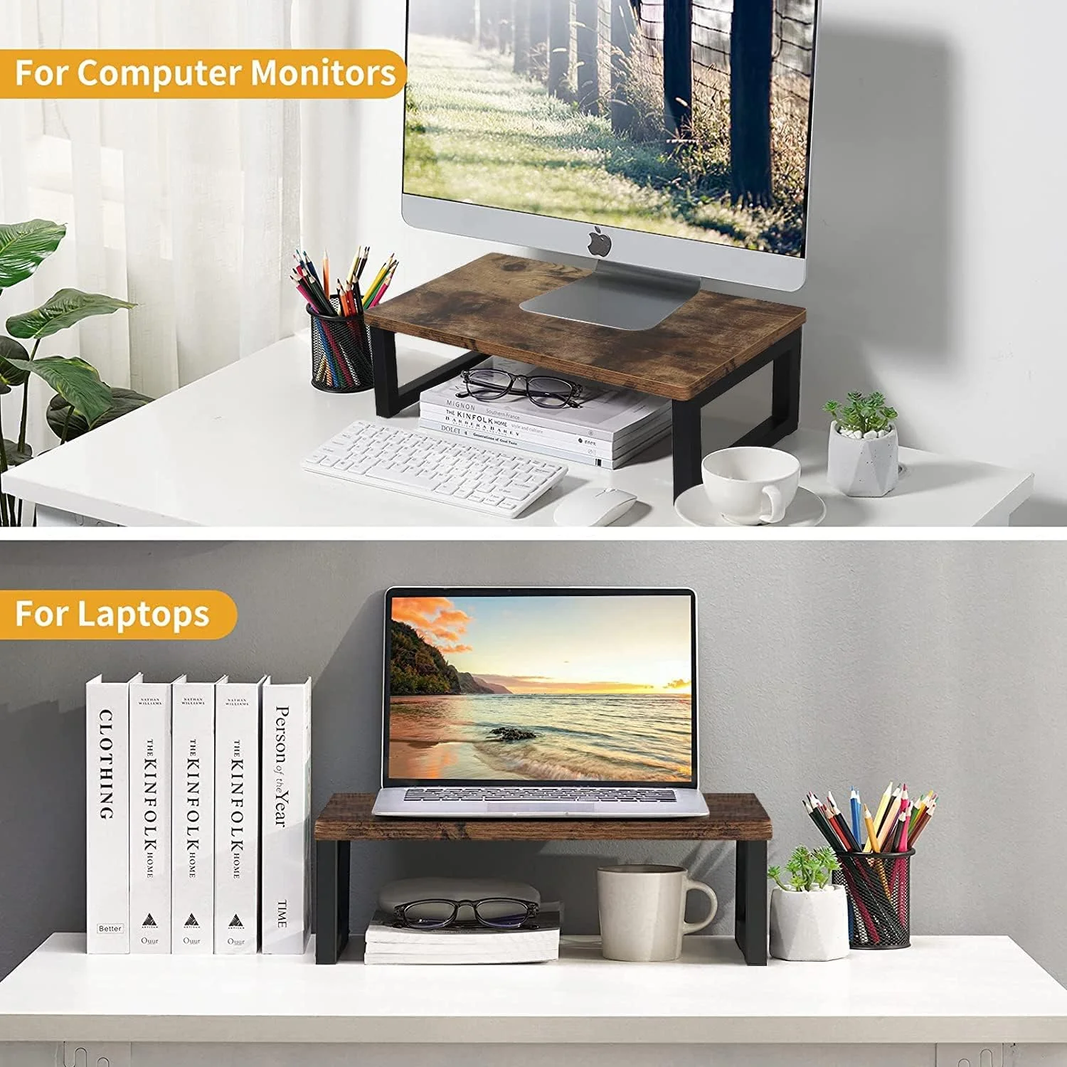 پایه نگهدارنده مانیتور چوبی آنجو، پایه رومیزی برای صفحه نمایش کامپیوتر و لپ تاپ، قفسه سازمان دهنده رومیزی برای خانه یا محل کار، 40x23x14 سانتی متر، قهوه ای تیره