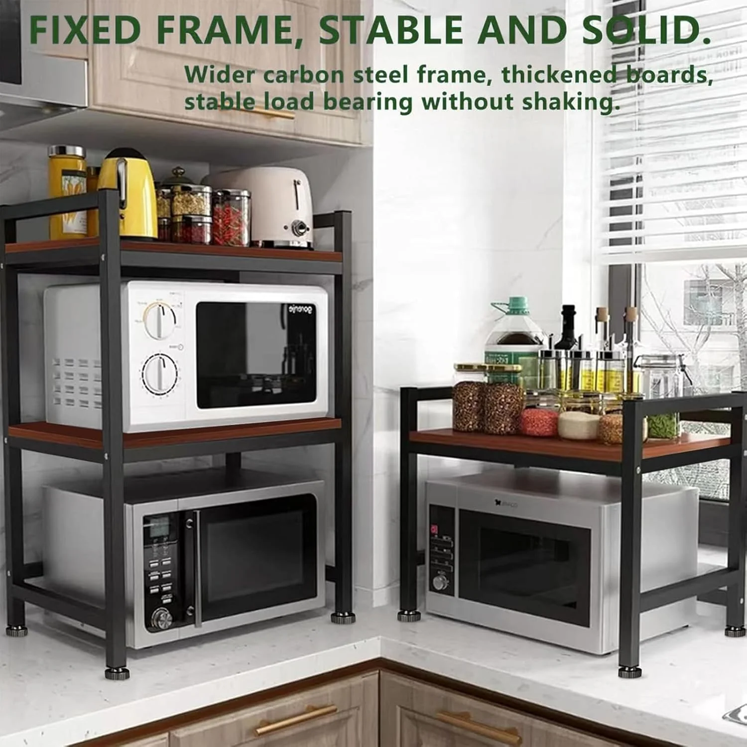استند مایکروویو ANTOLE، قفسه مایکروویو 3 طبقه برای سازماندهی پیشخوان قفسه های آشپزخانه، قفسه فر مایکروویو، سازمان دهنده های قفسه کابینت آشپزخانه، پانل فلزی و چوبی (3 طبقه)