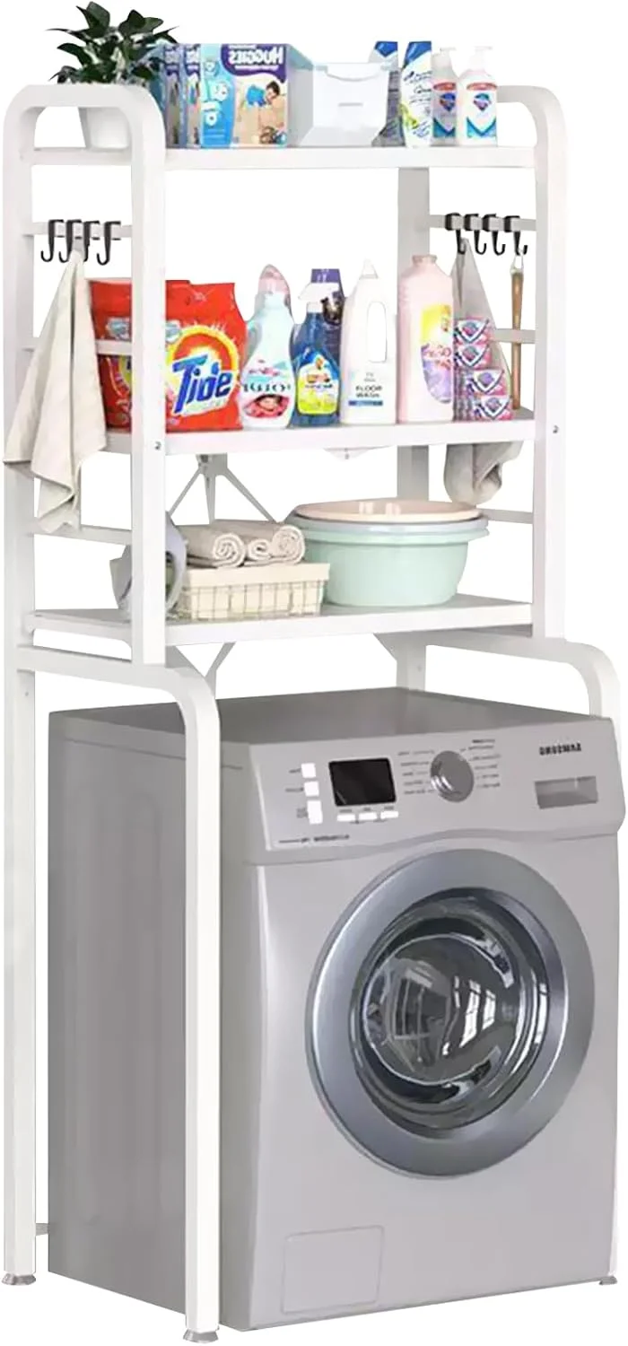 قفسه سه طبقه تاشو و مقاوم برای ماشین لباسشویی و خشک کن، قفسه های قابل تنظیم ارتفاع برای اتاق لباسشویی، سازمان دهنده حمام و صرفه جویی در فضا به همراه قلاب (سفید) قفسه سه طبقه تاشو و مقاوم برای ماشین لباسشویی و خشک کن، قفسه های قابل تنظیم ارتفاع برای اتاق لباسشویی، سازمان دهنده حمام و صرفه جویی در فضا به همراه قلاب (سفید)