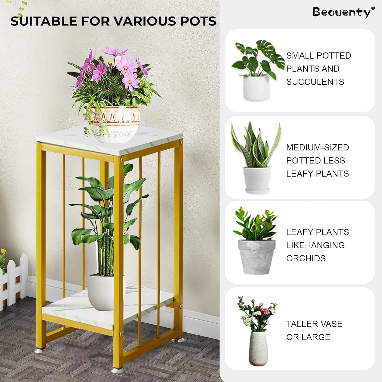 میز کنار مبلی خانگی بیوتی، میز سینی 2 طبقه، قفسه فلزی ایستاده برای گیاهان، استند گل گوشه ای برای دکوراسیون قفسه گیاهان خانگی اتاق خواب بالکن (قاب طلایی + صفحه مرمر سفید، 60 سانتی متر)