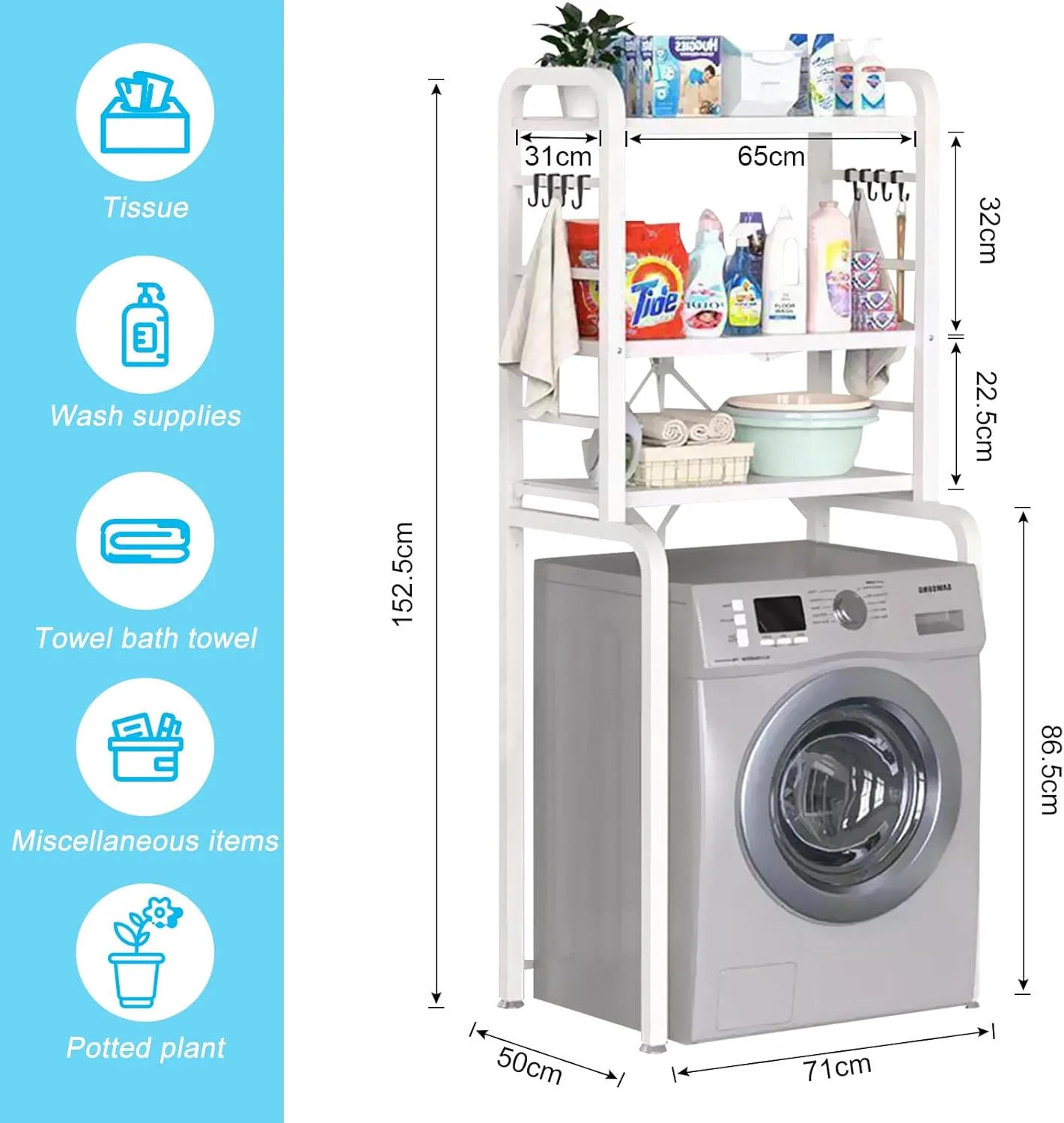قفسه سه طبقه تاشو و مقاوم برای ماشین لباسشویی و خشک کن، قفسه های قابل تنظیم ارتفاع برای اتاق لباسشویی، سازمان دهنده حمام و صرفه جویی در فضا به همراه قلاب (سفید)