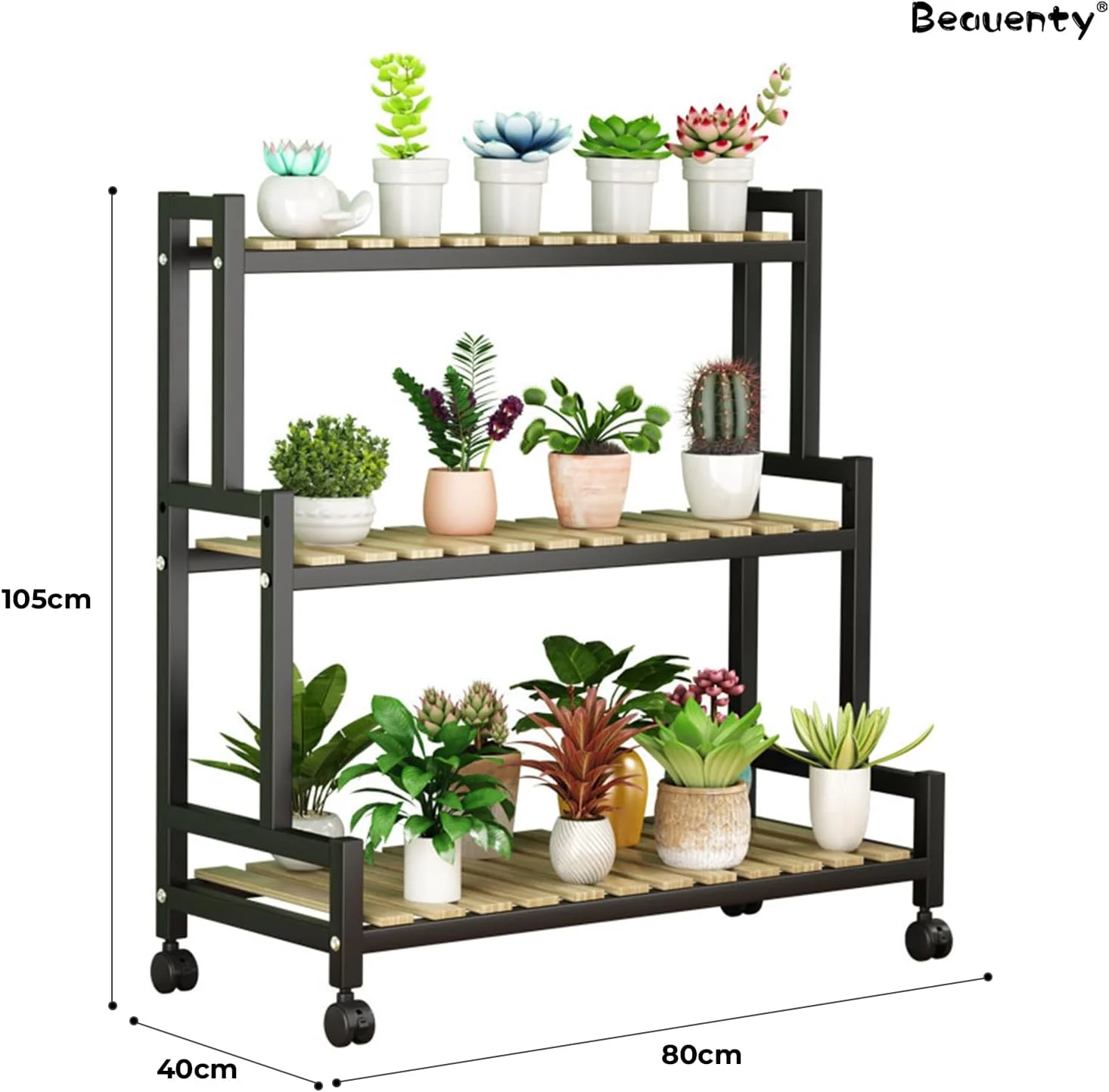 استند گلدان Beauenty، قفسه نردبانی چوبی 2/3 طبقه با چرخ، استند گلدان گوشه ای داخلی برای دکوراسیون قفسه گلدان اتاق خواب بالکن (3 طبقه قاب مشکی + چوب)