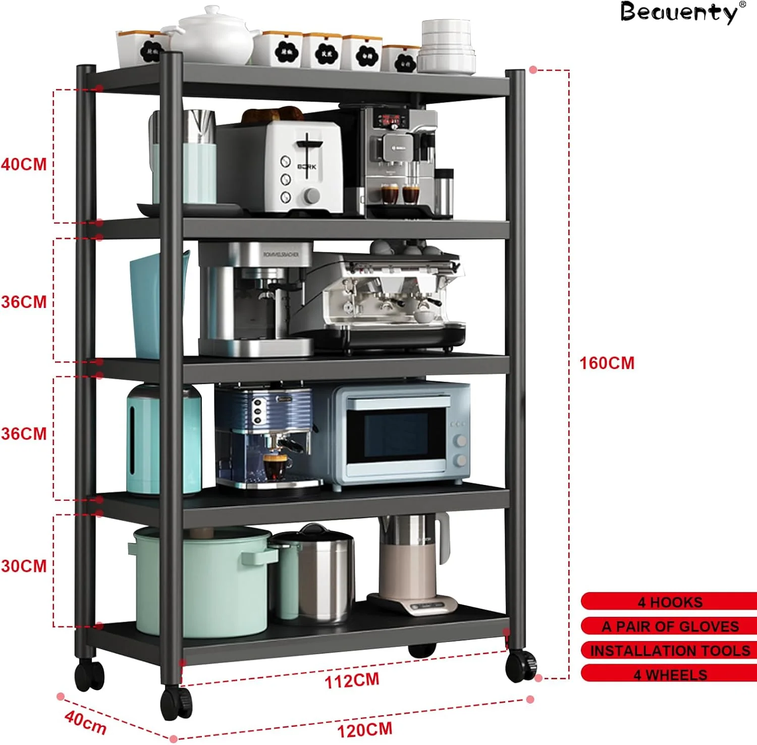 قفسه ارگانایزر آشپزخانه Beauenty، قفسه تجاری 5 طبقه با ظرفیت بزرگ، استند تاشو و کاربردی مایکروویو، قفسه چرخ دار، مناسب برای گاراژ، آشپزخانه، زیرزمین، انبار، 120 * 40 * 160
