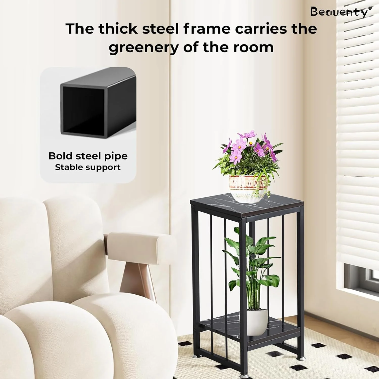 میز کنار مبلی خانگی بیوتی، میز سینی 2 طبقه، قفسه فلزی ایستاده برای گیاهان، استند گل گوشه ای برای دکوراسیون قفسه گیاهان خانگی اتاق خواب بالکن (قاب طلایی + صفحه مرمر سفید، 60 سانتی متر)