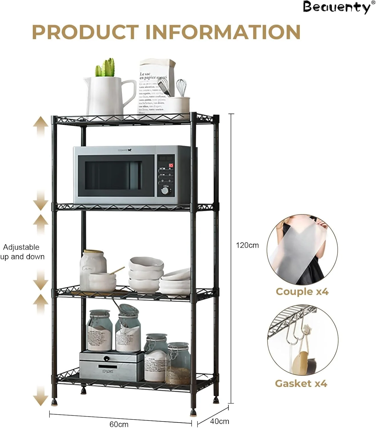 قفسه آشپزخانه با ۴/۵ طبقه، ظرفیت ۲۰۰+ کیلوگرم، قفسه با ارتفاع قابل تنظیم و پایه های تراز برای اجاق مایکروویو، قفسه چند منظوره با نرده محافظ (۴ طبقه)