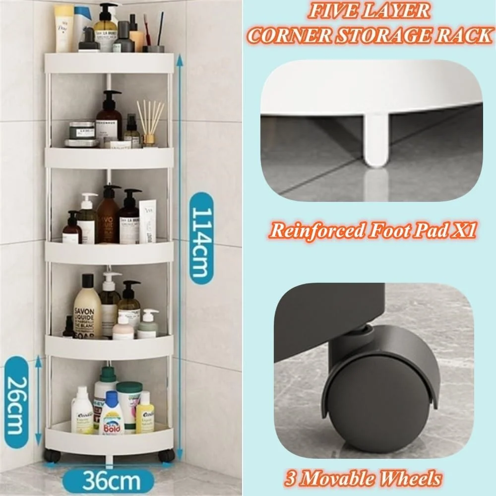 استند گوشه دوش ایستاده Beauenty، فضای بزرگ برای نگهداری در حمام و آشپزخانه، قفسه 5 طبقه استیل ضد زنگ، سبد نگهداری وان حمام، قفسه دوش ضد زنگ، لوازم ضروری حمام (سفید)