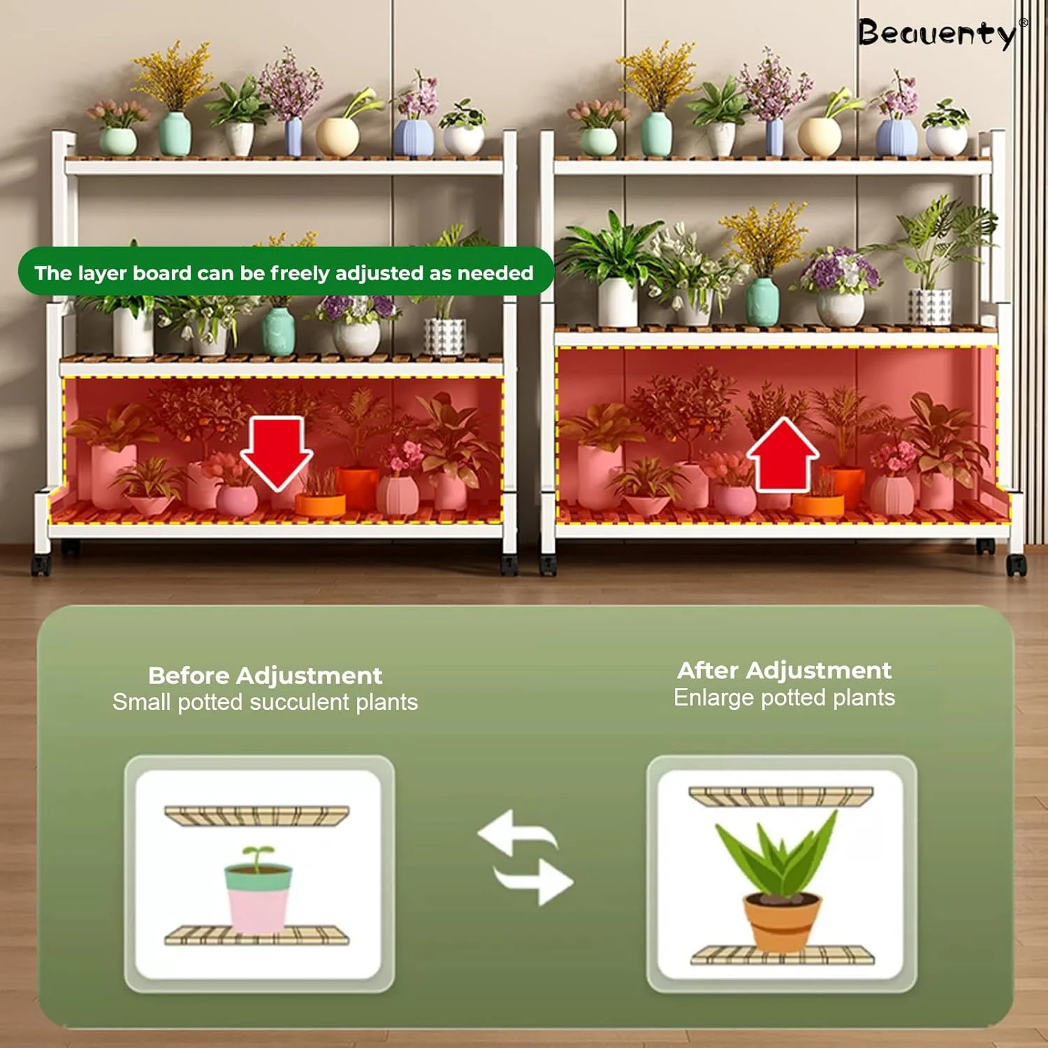 استند گلدان Beauenty، قفسه نردبانی چوبی 2/3 طبقه با چرخ، استند گلدان گوشه ای داخلی برای دکوراسیون قفسه گلدان اتاق خواب بالکن (3 طبقه قاب مشکی + چوب)