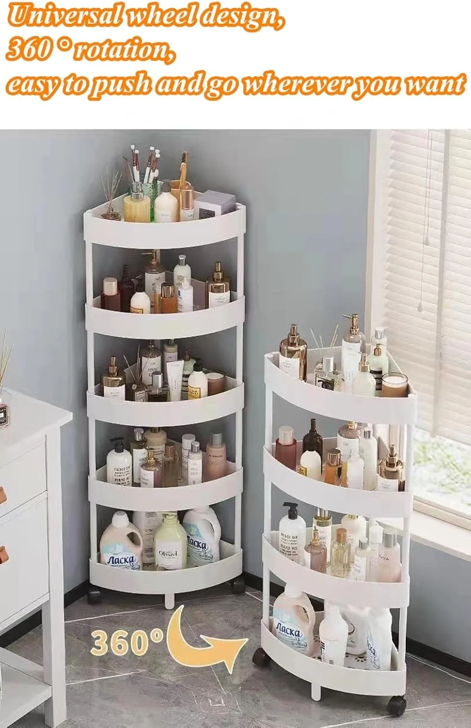 استند گوشه دوش ایستاده Beauenty، فضای بزرگ برای نگهداری در حمام و آشپزخانه، قفسه 5 طبقه استیل ضد زنگ، سبد نگهداری وان حمام، قفسه دوش ضد زنگ، لوازم ضروری حمام (سفید)