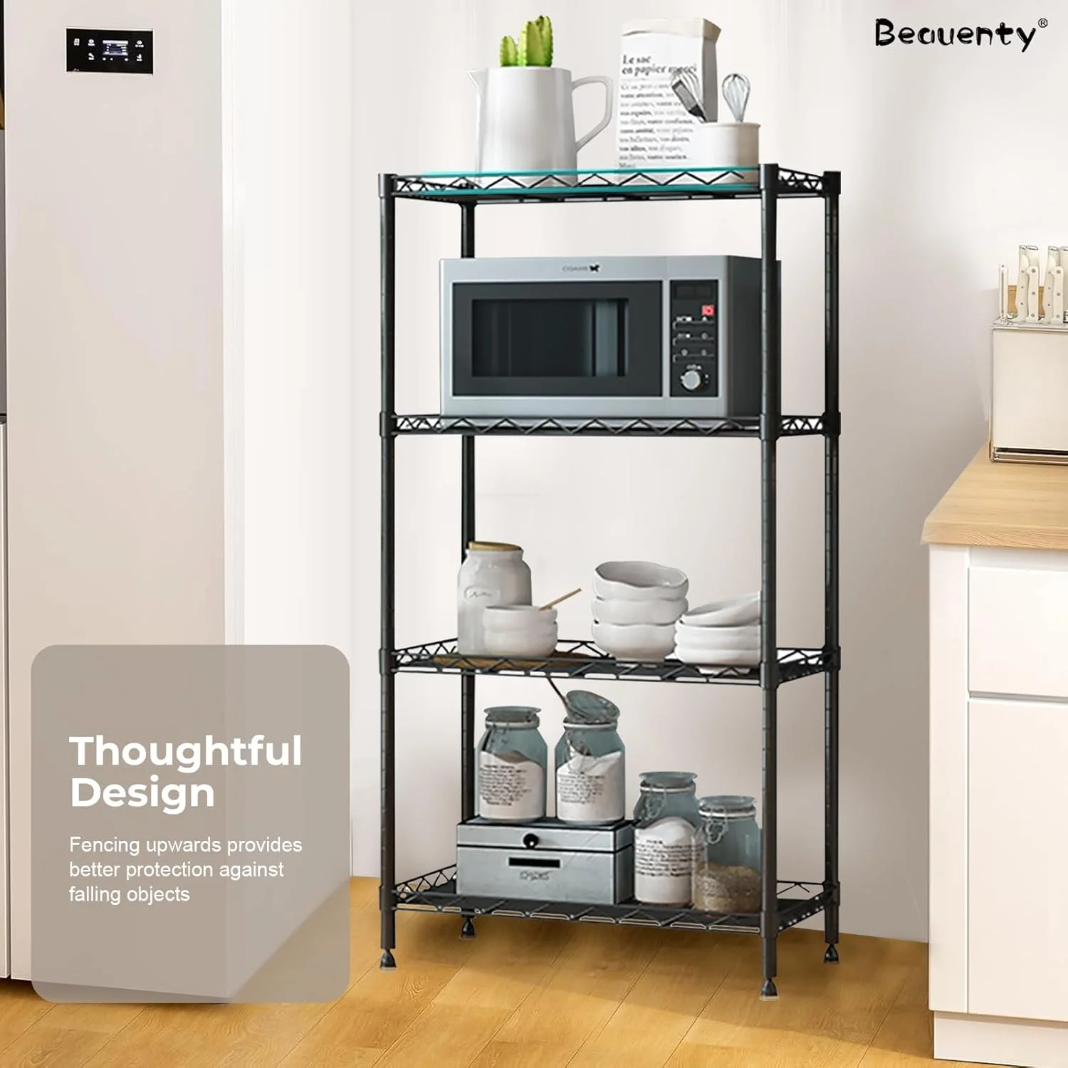 قفسه آشپزخانه با ۴/۵ طبقه، ظرفیت ۲۰۰+ کیلوگرم، قفسه با ارتفاع قابل تنظیم و پایه های تراز برای اجاق مایکروویو، قفسه چند منظوره با نرده محافظ (۴ طبقه)