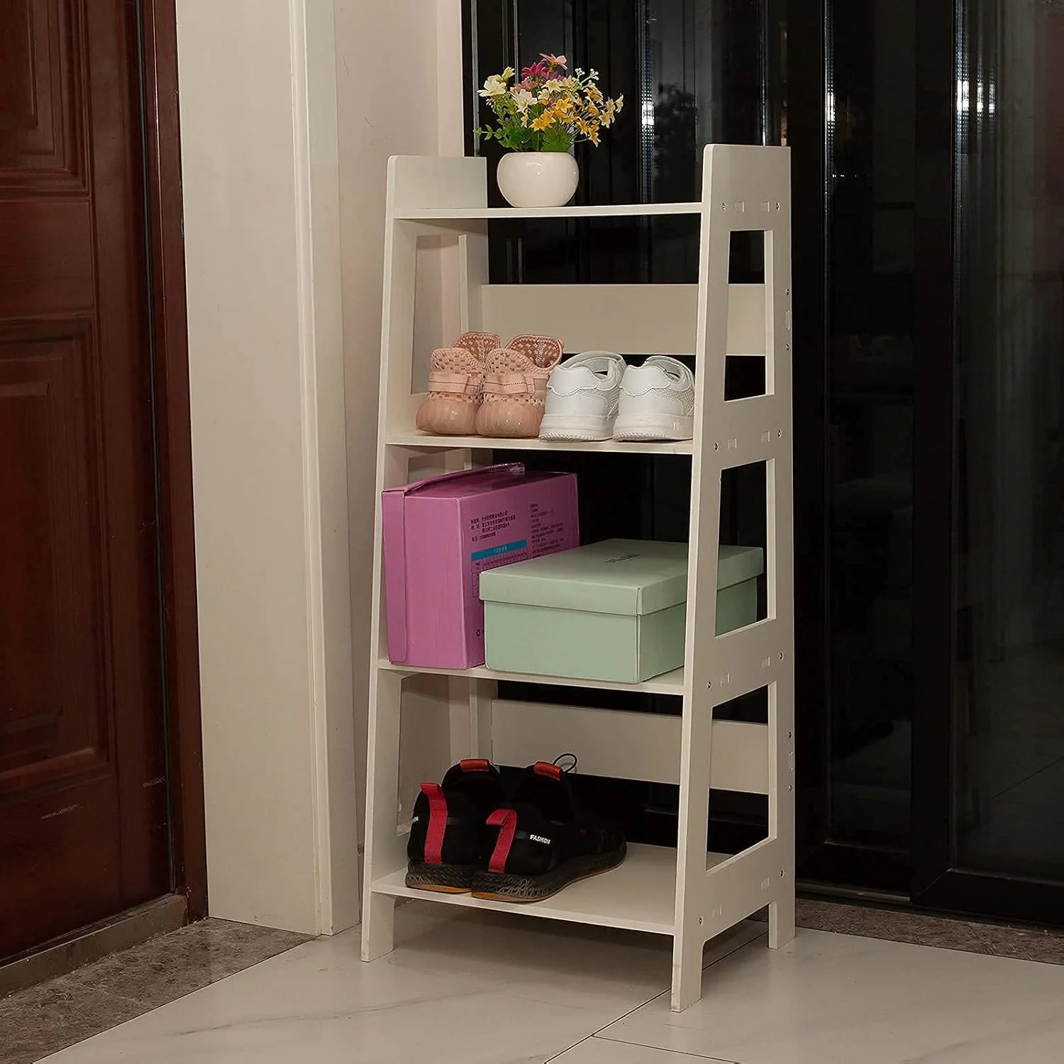 قفسه نردبانی 4 طبقه ضد آب سفید، قفسه کتاب، واحد نمایشگر، استند نگهداری، کابینت حمام، کمد زمینی برای آشپزخانه، اتاق خواب، اتاق نشیمن، حمام، استند گل و گیاه - تخته پلاستیکی چوبی