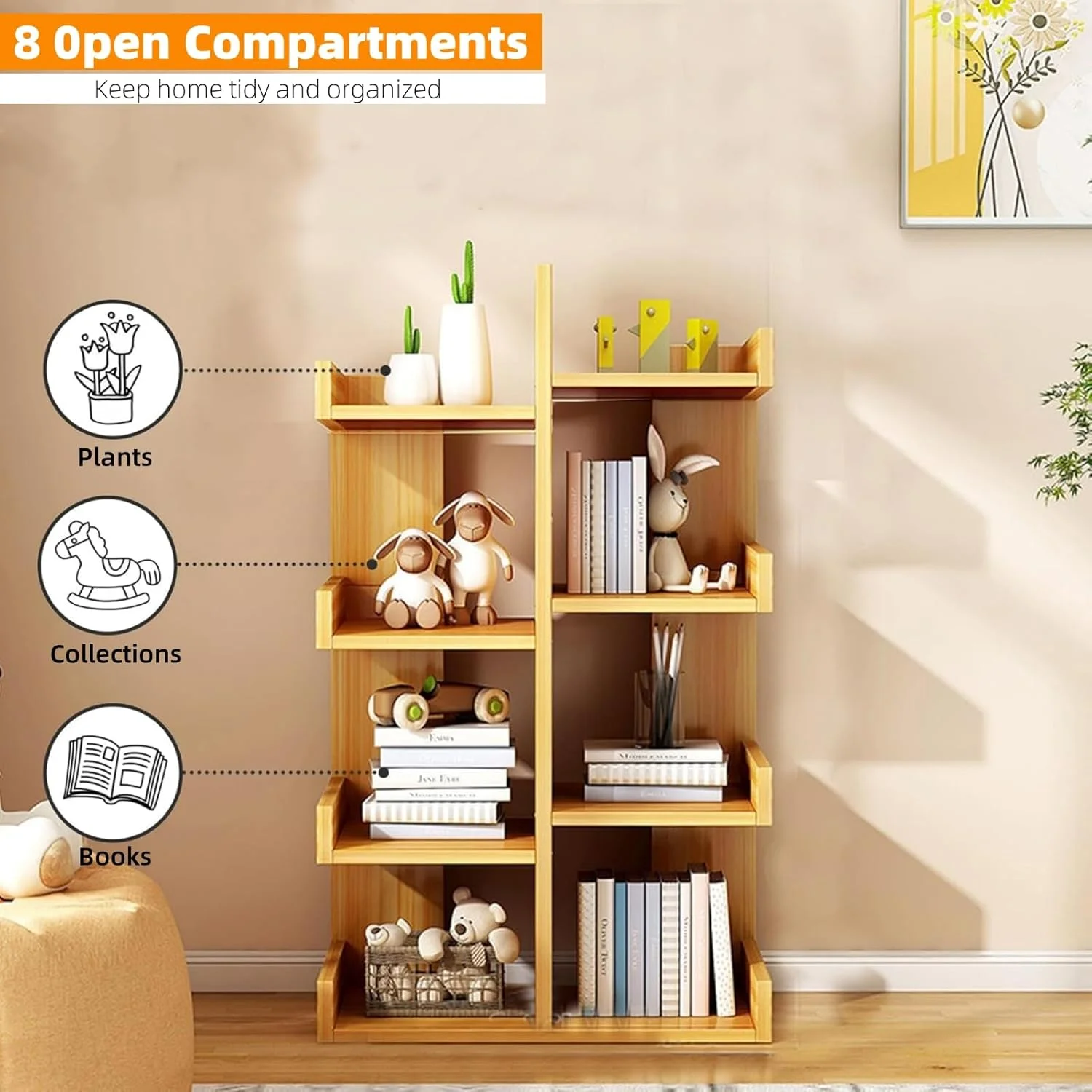 قفسه کتاب درختی، قفسه کتاب 8 طبقه، قفسه کتاب ایستاده مدرن، قفسه سازمان دهنده ذخیره سازی بلند، قفسه های ذخیره سازی نمایش چند منظوره برای اتاق نشیمن، اتاق خواب، دفتر (گردویی، 8 طبقه)