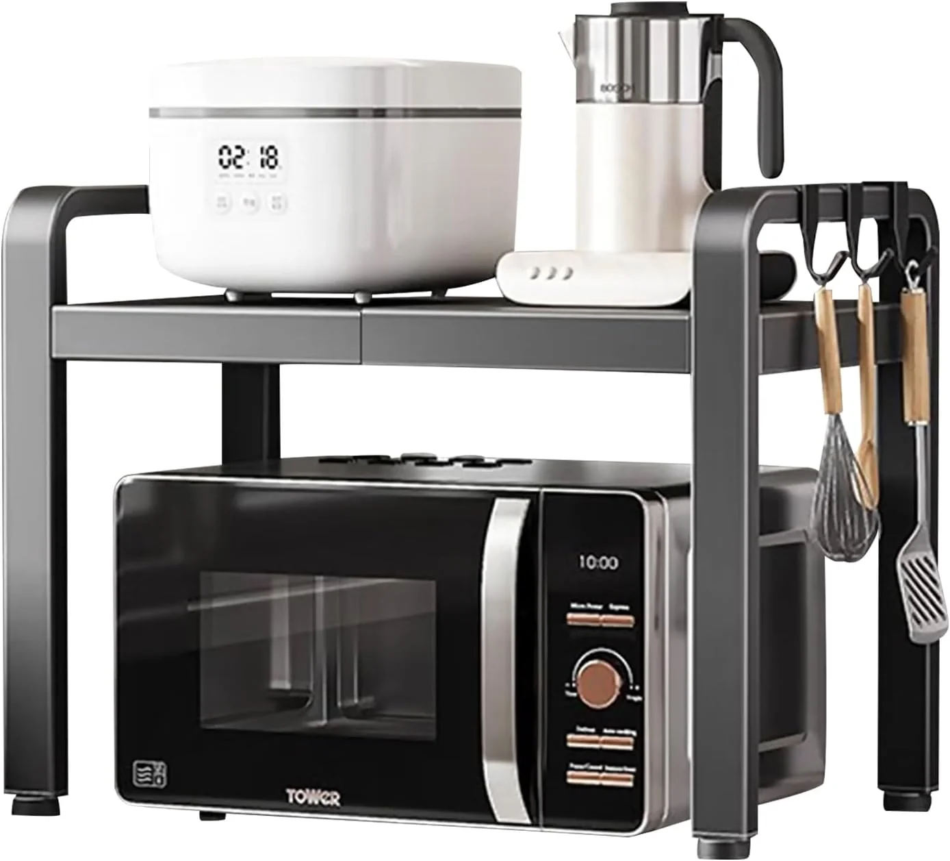 قفسه مایکروویو قابل گسترش DAYONG، قفسه افقی مایکروویو، پایه قابل تنظیم توستر/پلوپز، سازمان دهنده روی میز آشپزخانه با 6 قلاب (مشکی (2 طبقه))