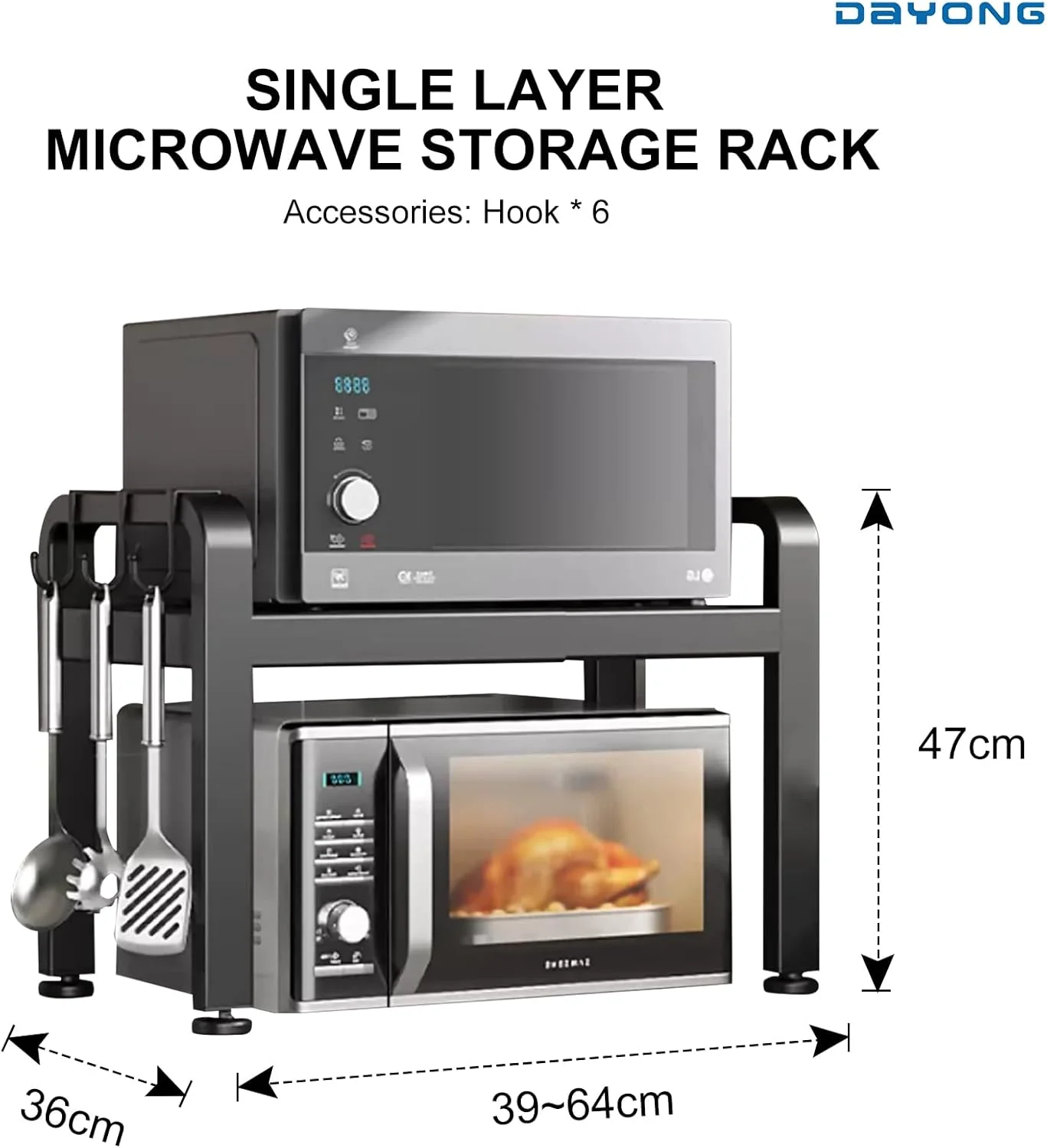 قفسه مایکروویو قابل گسترش DAYONG، قفسه افقی مایکروویو، پایه قابل تنظیم توستر/پلوپز، سازمان دهنده روی میز آشپزخانه با 6 قلاب (مشکی (2 طبقه))