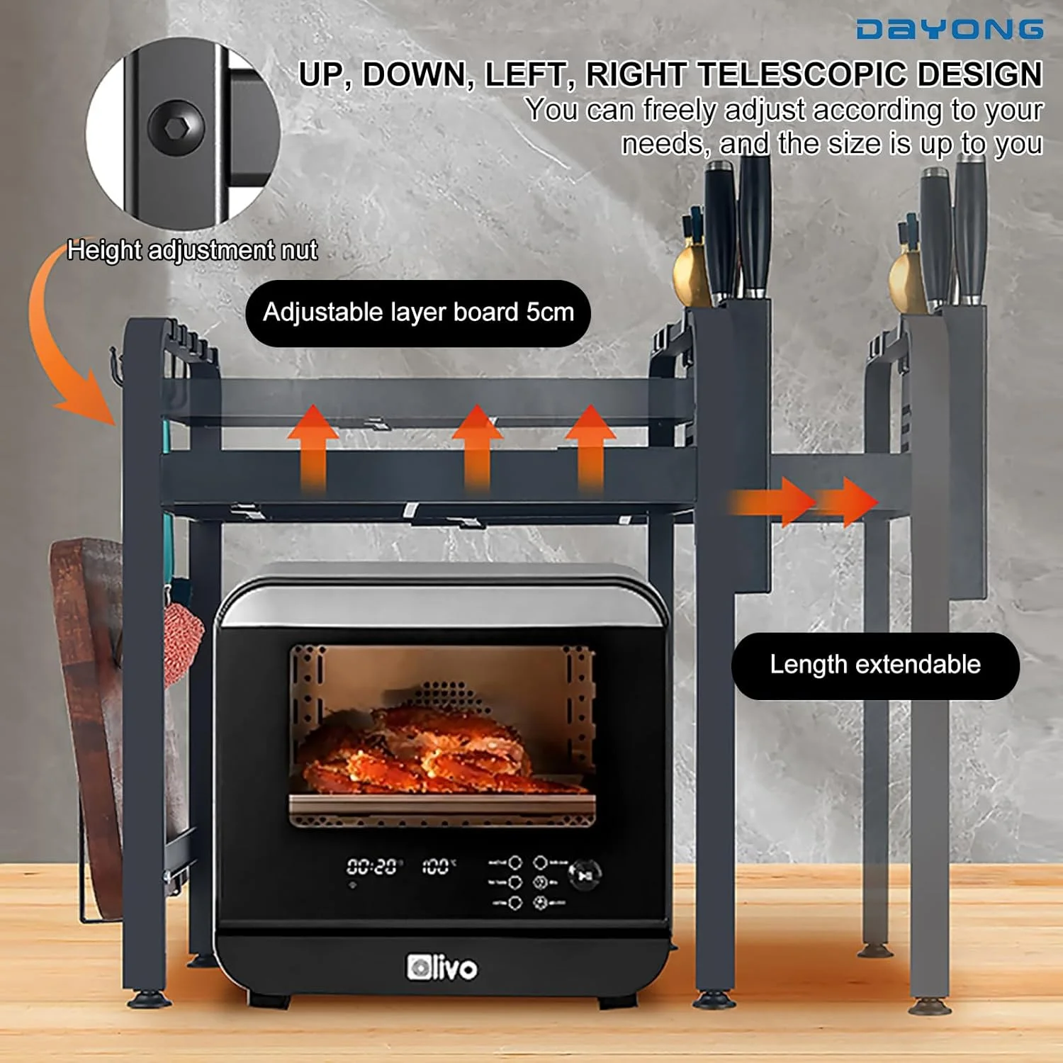 قفسه مایکروویو قابل گسترش DAYONG، قفسه افقی مایکروویو، پایه قابل تنظیم توستر/پلوپز، سازمان دهنده روی میز آشپزخانه با 6 قلاب (مشکی (2 طبقه))