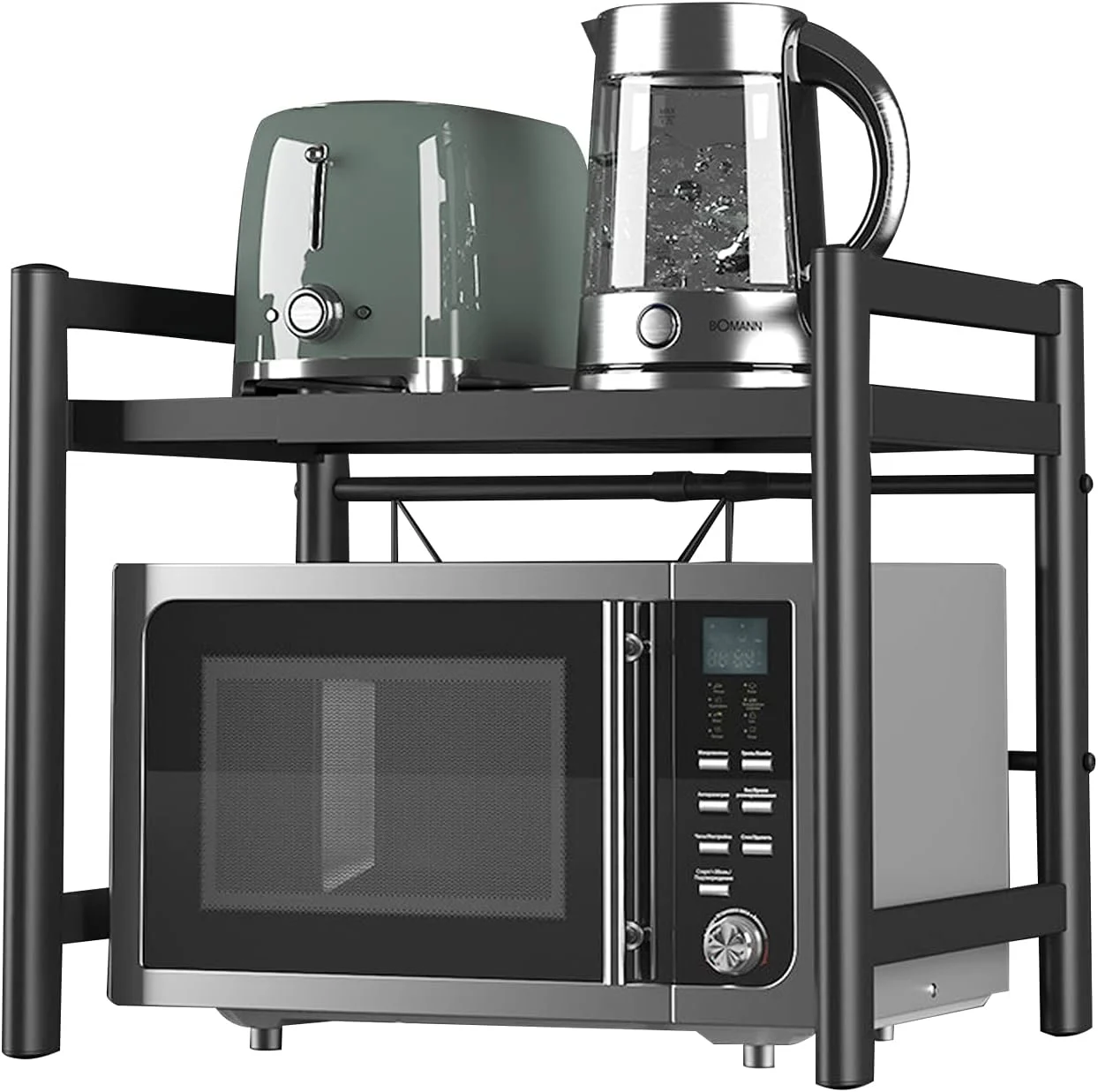 قفسه مایکروویو DAYONG، قفسه مایکروویو با قابلیت افزایش طول افقی، استند توستر، استند پلوپز، سازمان دهنده رومیزی آشپزخانه 2 طبقه با 6 قلاب (مشکی)