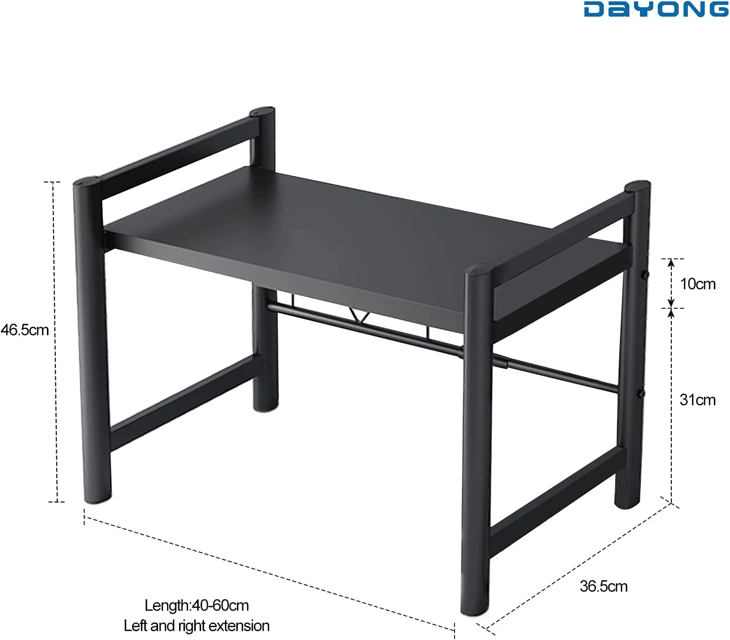 قفسه مایکروویو DAYONG، قفسه مایکروویو با قابلیت افزایش طول افقی، استند توستر، استند پلوپز، سازمان دهنده رومیزی آشپزخانه 2 طبقه با 6 قلاب (مشکی)