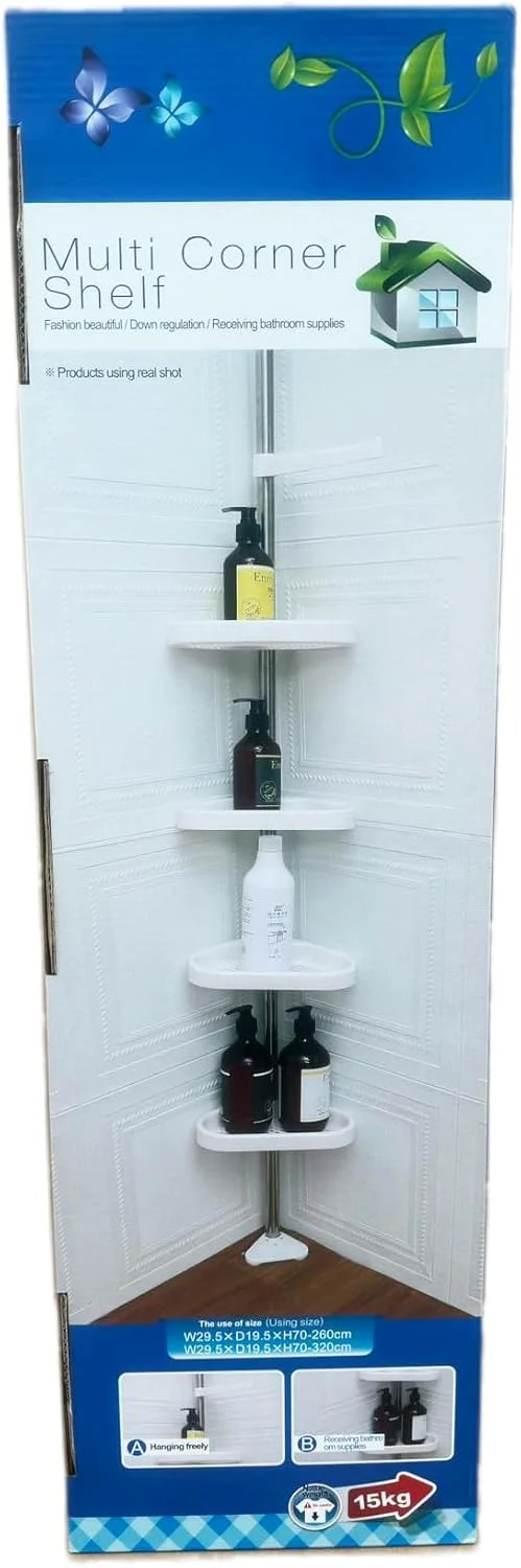 قفسه گوشه حمام تلسکوپی 4 طبقه قابل تنظیم ECVV، استند قفسه حمام با میله حوله، قفسه ها، قلاب ها، میله فلزی ضد زنگ برای سازماندهی و نگهداری، 100-260 سانتی متر قابل افزایش