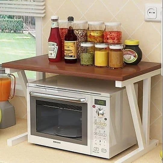 قفسه دو طبقه مایکروویو، استند چند منظوره مایکروویو، قفسه 2 طبقه، قفسه نگهداری آشپزخانه (قهوه ای)