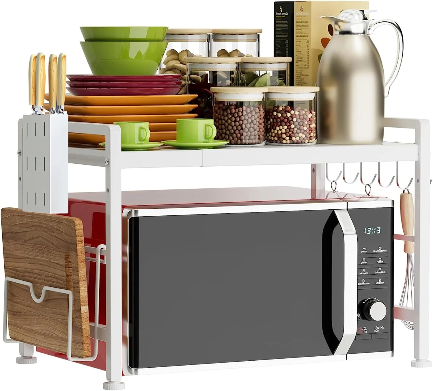 قفسه ذخیره سازی قابل گسترش، قفسه سازمان دهنده رومیزی آشپزخانه تاشو 2 طبقه، پایه مایکروویو با پایه تخته برش برای سازمان دهنده روی میز آشپزخانه، 6 قلاب (سفید)