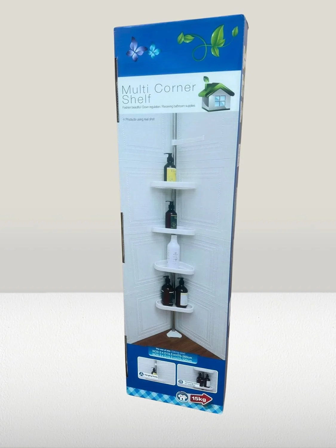 قفسه گوشه حمام تلسکوپی 4 طبقه قابل تنظیم ECVV، استند قفسه حمام با میله حوله، قفسه ها، قلاب ها، میله فلزی ضد زنگ برای سازماندهی و نگهداری، 100-260 سانتی متر قابل افزایش