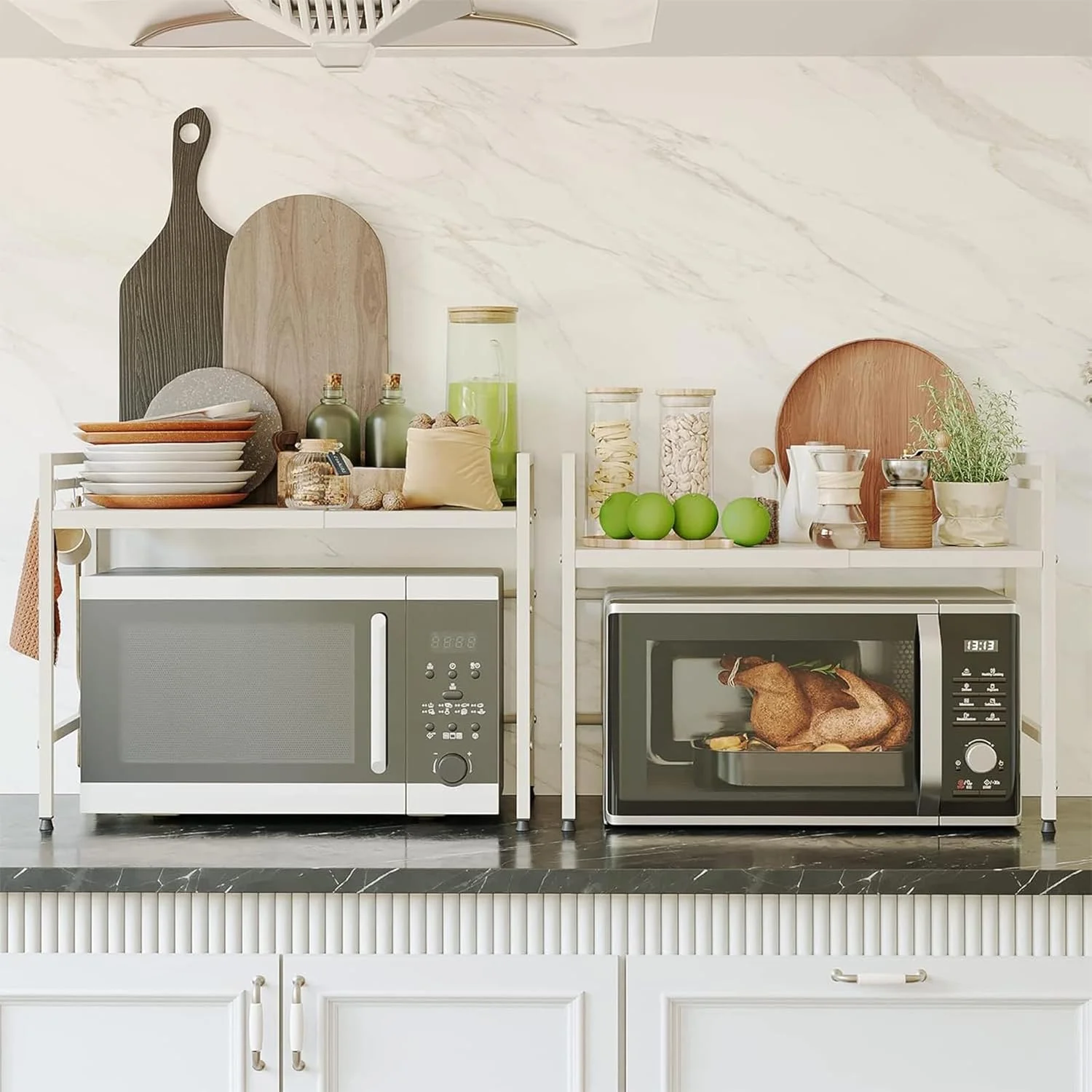 قفسه ذخیره سازی قابل گسترش، قفسه سازمان دهنده رومیزی آشپزخانه تاشو 2 طبقه، پایه مایکروویو با پایه تخته برش برای سازمان دهنده روی میز آشپزخانه، 6 قلاب (سفید) قفسه ذخیره سازی قابل گسترش، قفسه سازمان دهنده رومیزی آشپزخانه تاشو 2 طبقه، پایه مایکروویو با پایه تخته برش برای سازمان دهنده روی میز آشپزخانه، 6 قلاب (سفید)