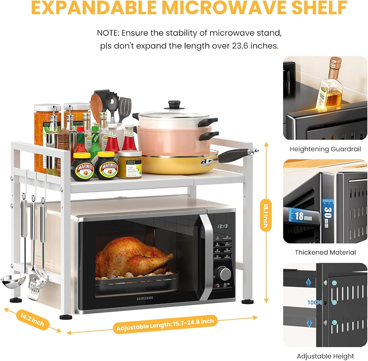 قفسه ذخیره سازی قابل گسترش، قفسه سازمان دهنده رومیزی آشپزخانه تاشو 2 طبقه، پایه مایکروویو با پایه تخته برش برای سازمان دهنده روی میز آشپزخانه، 6 قلاب (سفید) قفسه ذخیره سازی قابل گسترش، قفسه سازمان دهنده رومیزی آشپزخانه تاشو 2 طبقه، پایه مایکروویو با پایه تخته برش برای سازمان دهنده روی میز آشپزخانه، 6 قلاب (سفید)