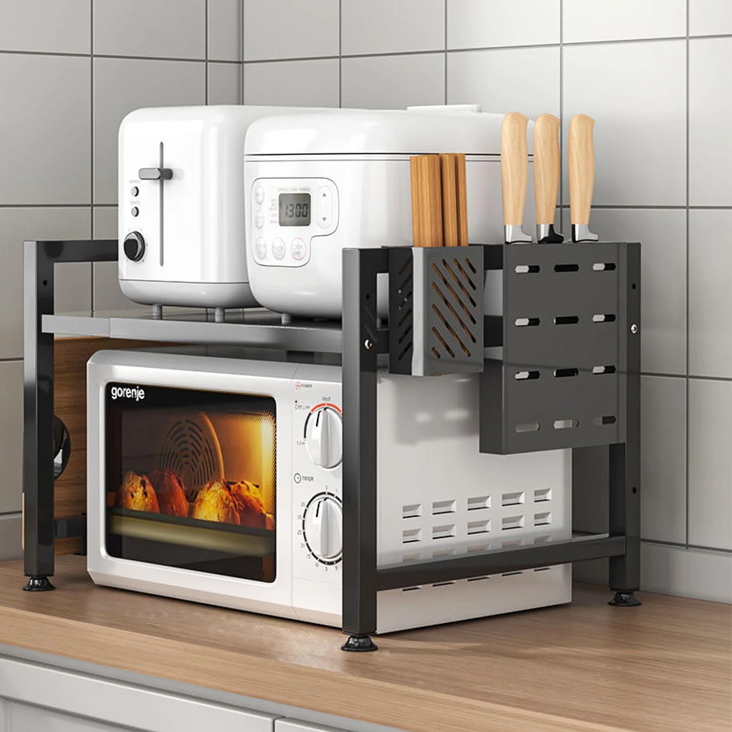 قفسه مایکروویو قابل گسترش، قفسه قابل تنظیم پیشخوان آشپزخانه، پایه مایکروویو دو طبقه با پایه تخته برش و 6 قلاب برای سازماندهی رویه کابینت آشپزخانه (مشکی)