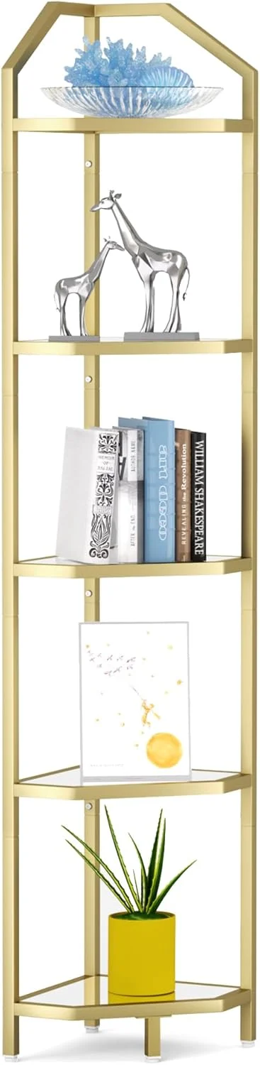 استند قفسه گوشه ای 5 طبقه خاطرات شاد، قفسه کتاب گوشه ای طلایی، قفسه ذخیره سازی حمام، قفسه گیاه، شیشه حرارت دیده، قاب فولادی، سبک مدرن برای اتاق نشیمن، حمام، آشپزخانه، طلایی متالیک