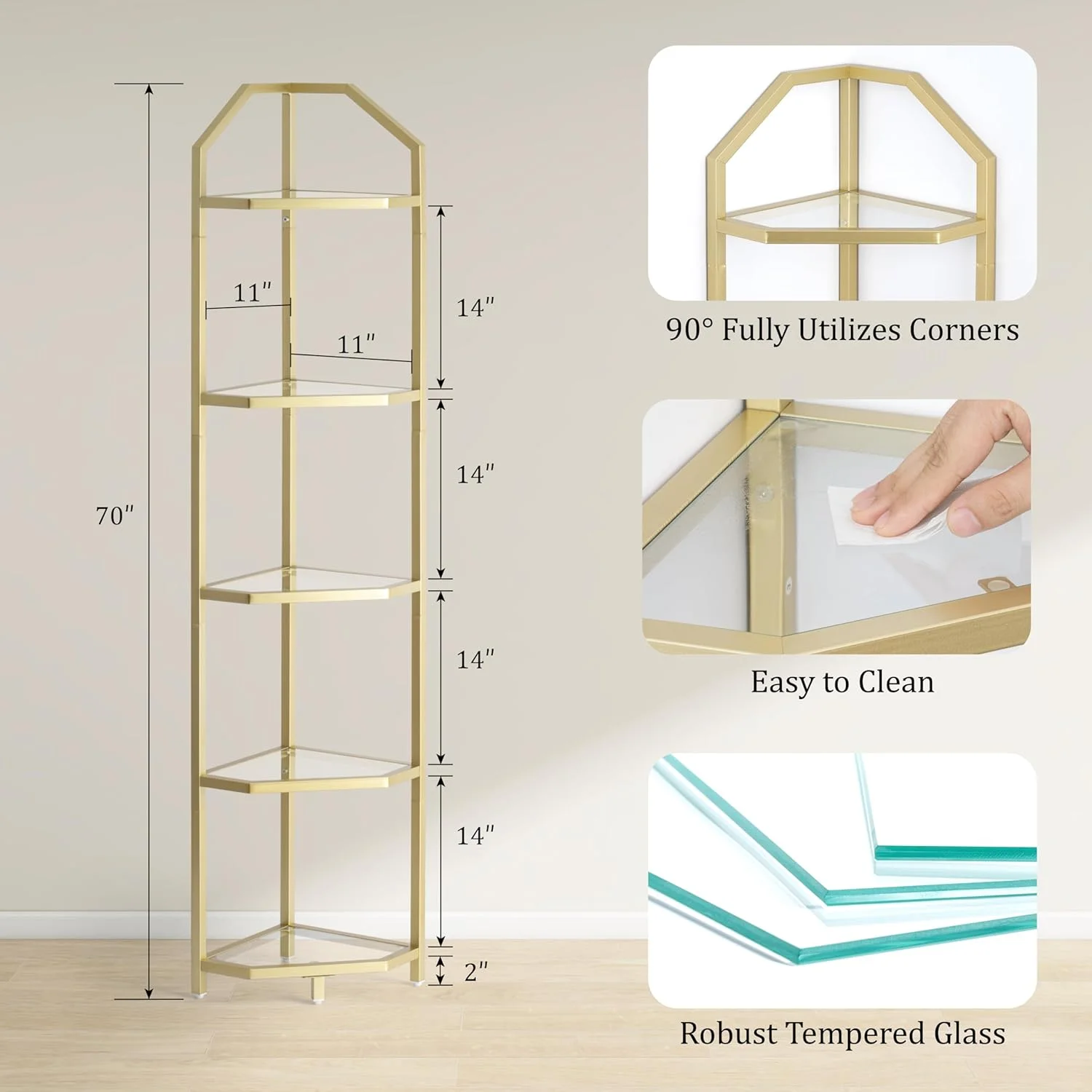 استند قفسه گوشه ای 5 طبقه خاطرات شاد، قفسه کتاب گوشه ای طلایی، قفسه ذخیره سازی حمام، قفسه گیاه، شیشه حرارت دیده، قاب فولادی، سبک مدرن برای اتاق نشیمن، حمام، آشپزخانه، طلایی متالیک استند قفسه گوشه ای 5 طبقه خاطرات شاد، قفسه کتاب گوشه ای طلایی، قفسه ذخیره سازی حمام، قفسه گیاه، شیشه حرارت دیده، قاب فولادی، سبک مدرن برای اتاق نشیمن، حمام، آشپزخانه، طلایی متالیک
