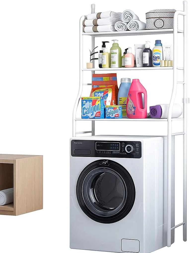 قفسه نظم دهنده 3 طبقه حمام - قفسه چند منظوره ماشین لباسشویی، استند نگهداری لوازم بهداشتی، کابینت کوچک با نگهدارنده دستمال کاغذی، شامل 4 آویز، رنگ سفید
