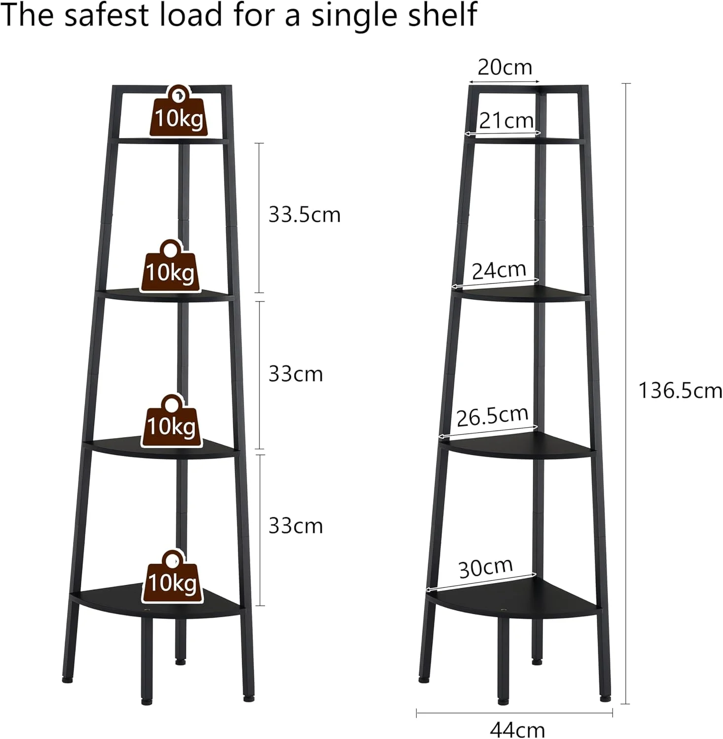 قفسه گوشه ای Hoctieon، قفسه کتاب گوشه ای 4 طبقه، قفسه نردبانی روستایی، استند نمایش صنعتی برای اتاق نشیمن، آشپزخانه، دفتر کار خانگی، بالکن، فضای کوچک، قاب فلزی، مشکی