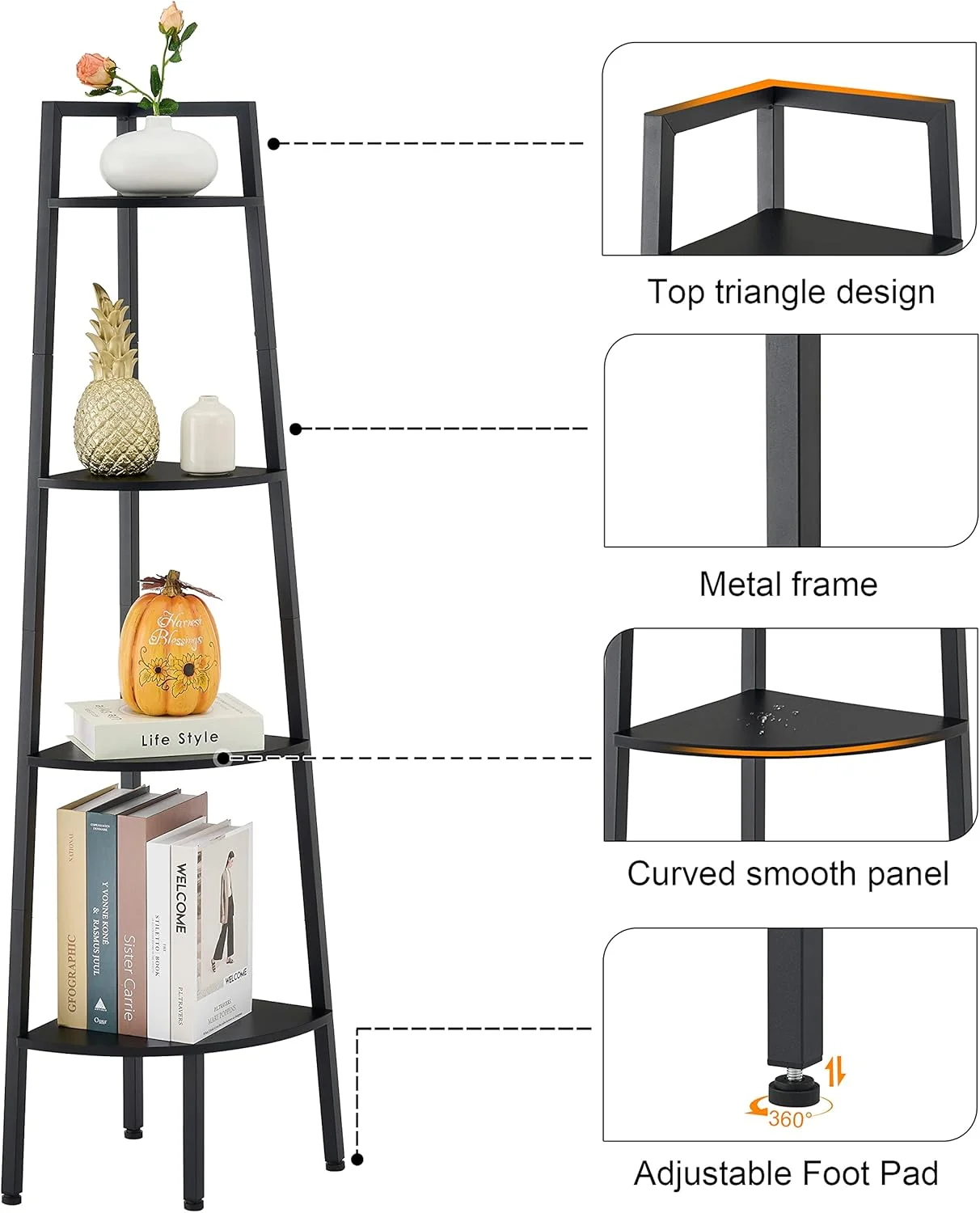 قفسه گوشه ای Hoctieon، قفسه کتاب گوشه ای 4 طبقه، قفسه نردبانی روستایی، استند نمایش صنعتی برای اتاق نشیمن، آشپزخانه، دفتر کار خانگی، بالکن، فضای کوچک، قاب فلزی، مشکی