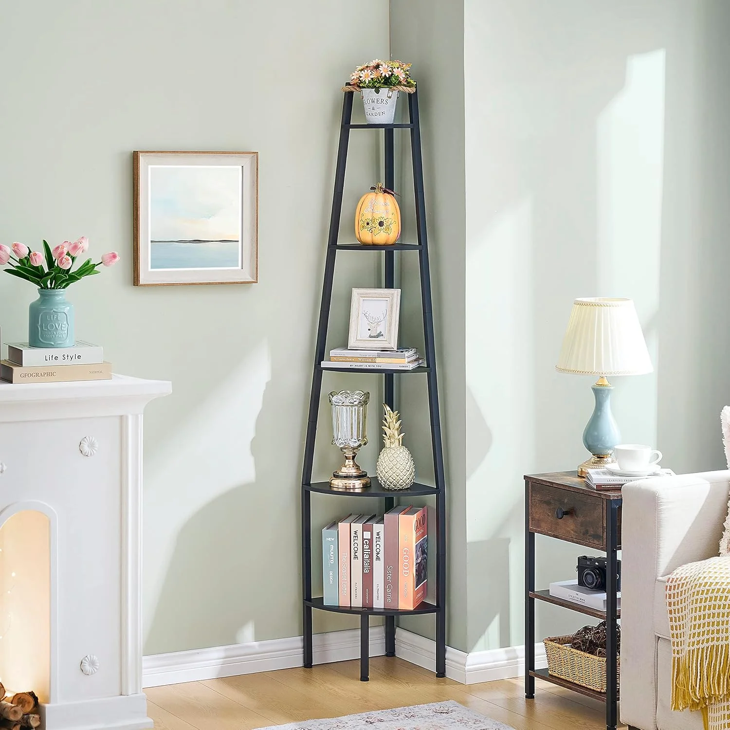 قفسه گوشه ای Hoctieon، قفسه کتاب گوشه ای 5 طبقه صنعتی، قفسه نردبانی گوشه ای روستایی، قفسه کتاب گوشه ای برای فضاهای کوچک، اتاق خواب، اتاق نشیمن، دفتر کار خانگی، آشپزخانه، بالکن، مشکی