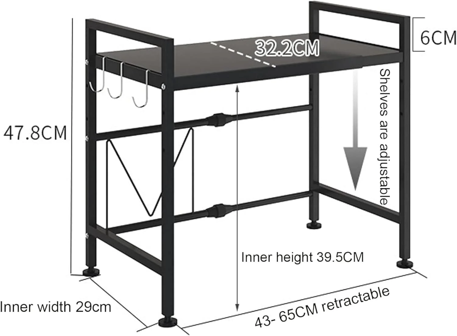 قفسه مایکروویو HOME DWELL، قفسه مایکروویو با قابلیت افزایش طول افقی، استند فر توستر، استند پلوپز، سازمان دهنده رومیزی آشپزخانه 2 طبقه با 6 قلاب (مشکی)