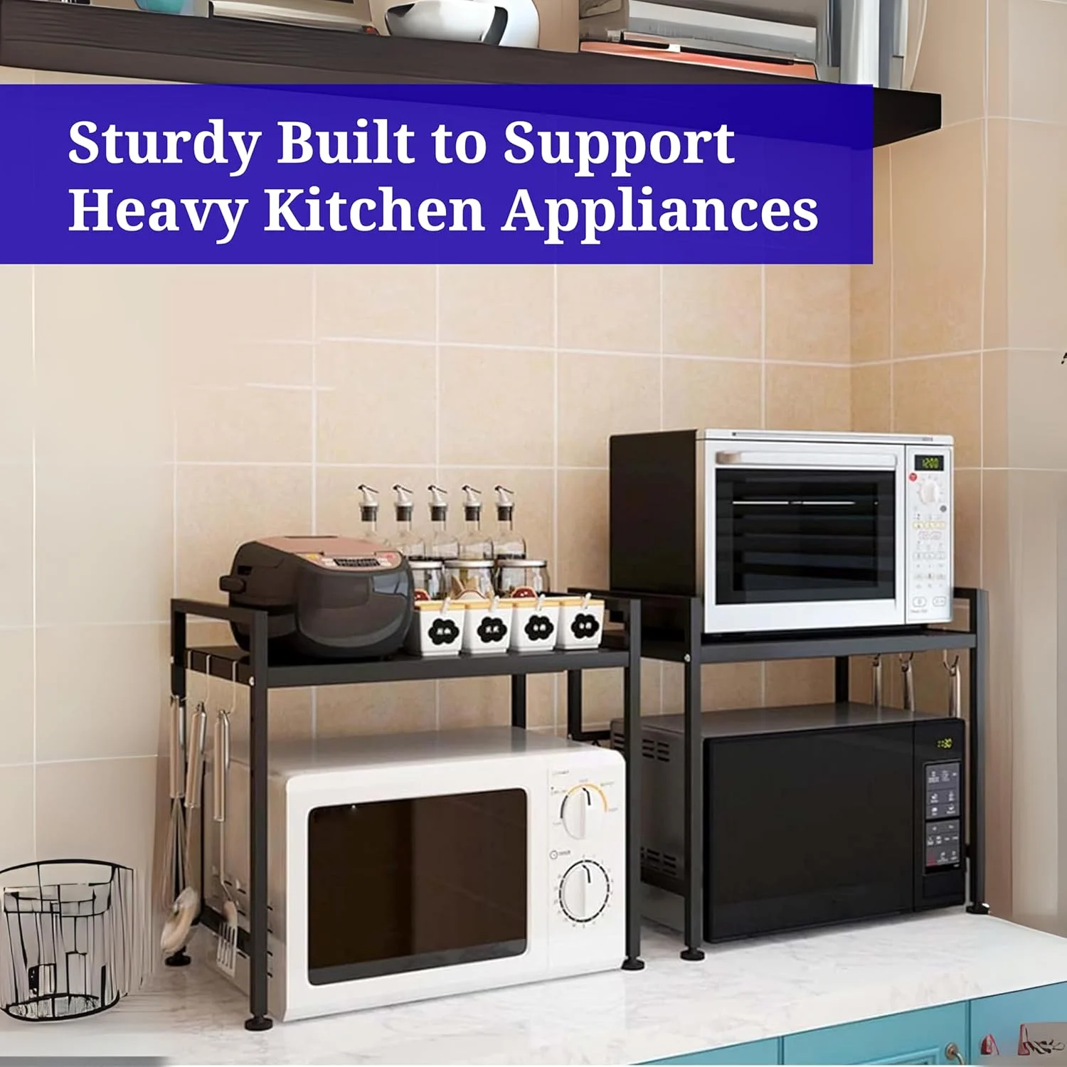 قفسه مایکروویو HOME DWELL، قفسه مایکروویو با قابلیت افزایش طول افقی، استند فر توستر، استند پلوپز، سازمان دهنده رومیزی آشپزخانه 2 طبقه با 6 قلاب (مشکی)